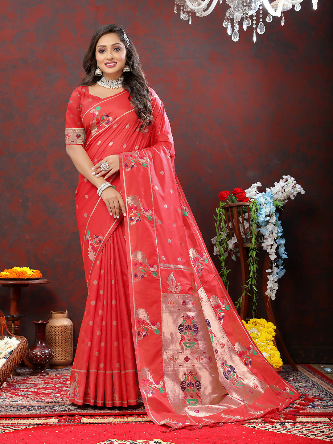 Lorenvalley Fashion Red Soft Paithani Silk Woven Design Copper Zari Meenakari Weaving Saree - Swadesiicart