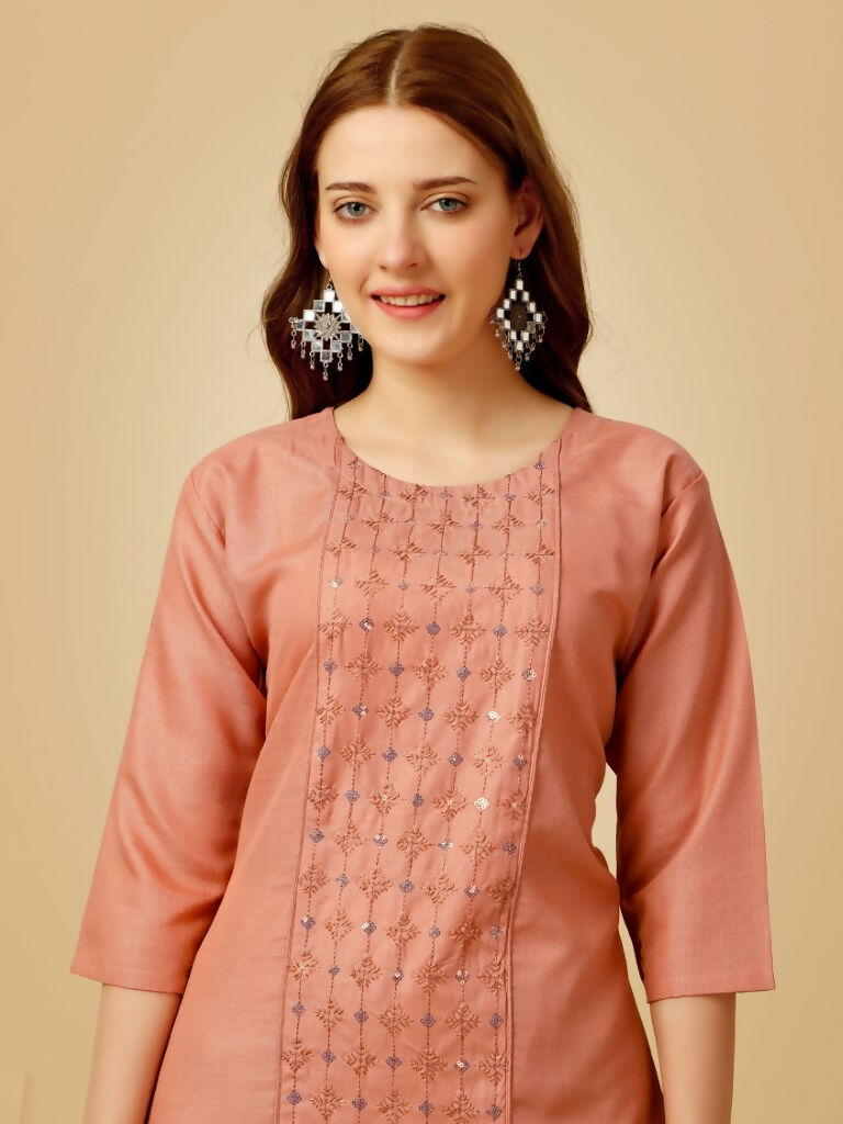 Jyoti Fashion Women's Gajri Cotton Blend Embroidered Kurta Pant Set | Swadesiicart