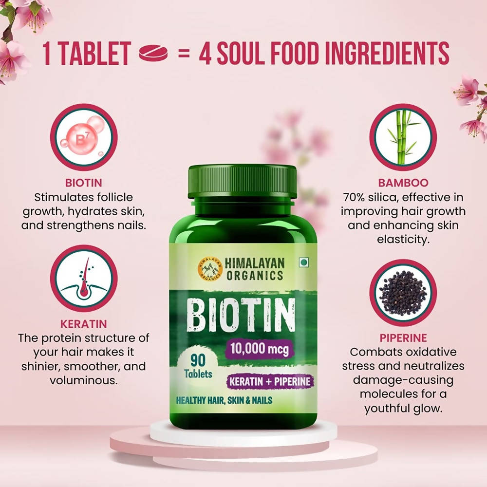 Himalayan Organics Biotin 10000 Mcg with Keratin + Piperine Tablets | Swadesiicart