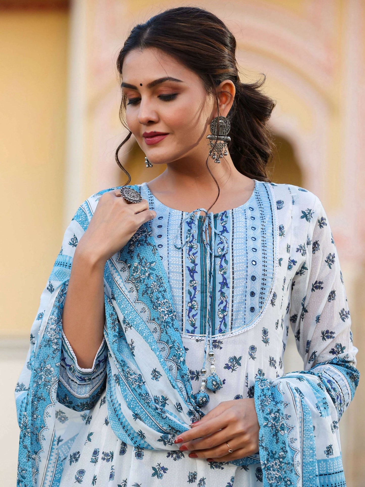 Juniper Women's White Cotton Voile Floral Printed Kurta With Cambric Straight Pant And Voile Duptta | Swadesiicart