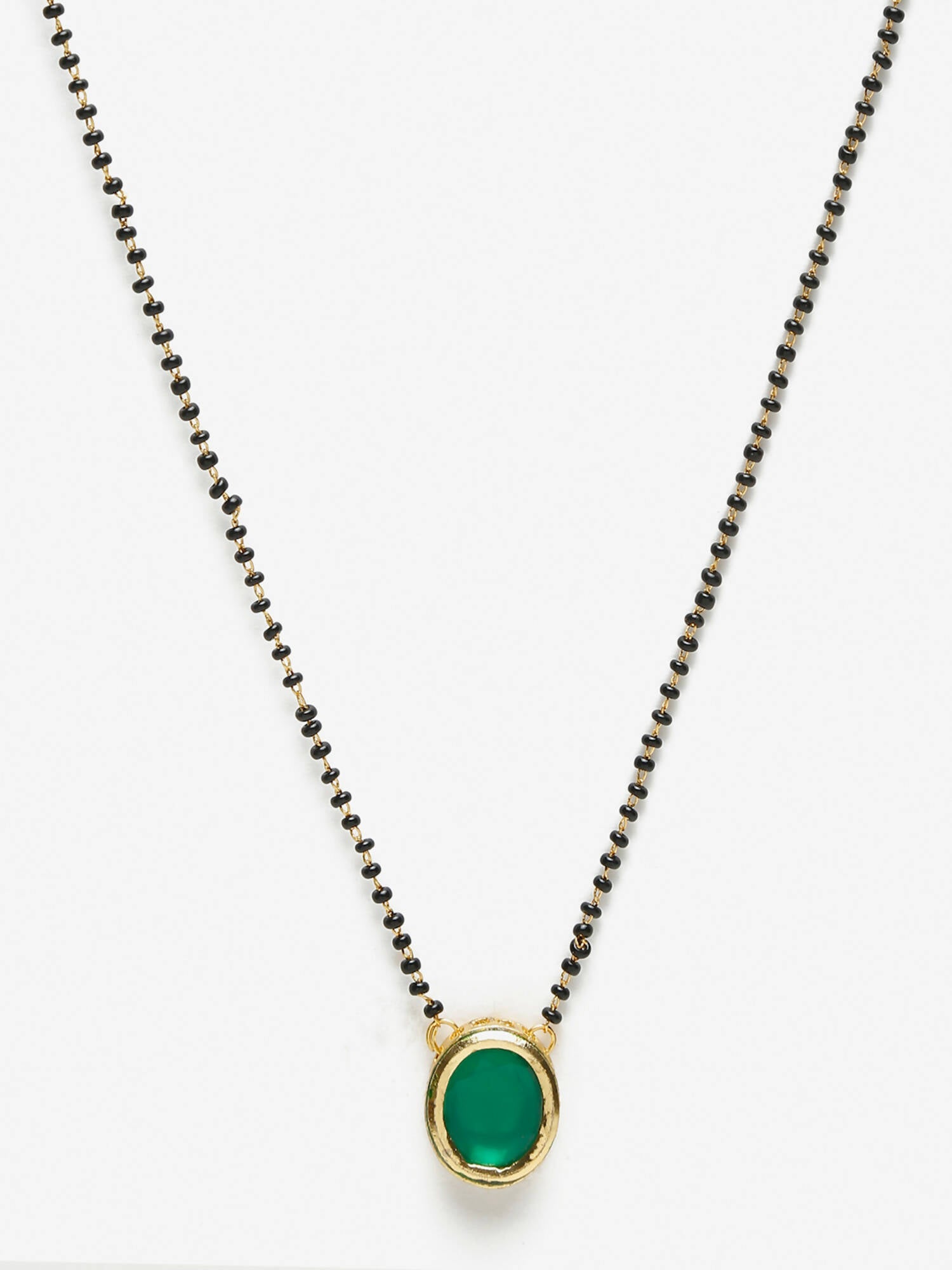 Gold-Polished Black Beaded Green Kundan Studded Handcrafted Mangalsutra - Ruby Raang | Swadesiicart