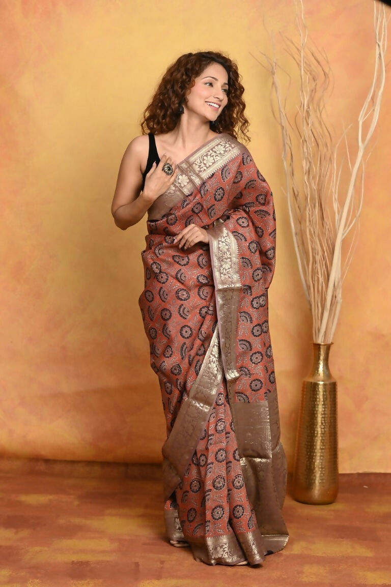 Very Much Indian Modal Silk Ajrakh Handblock Printed Natural Dyes With Designer Border Saree - Red | Swadesiicart