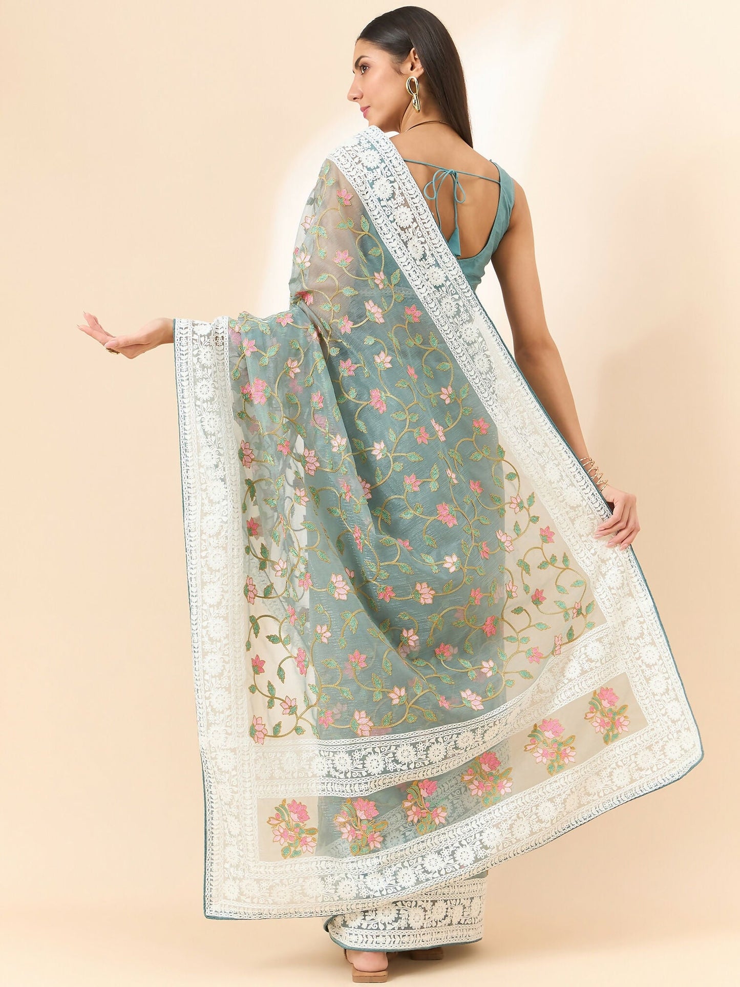 Blue Organza Floral Embroidered Saree with Unstitched Blouse Piece - Roozal