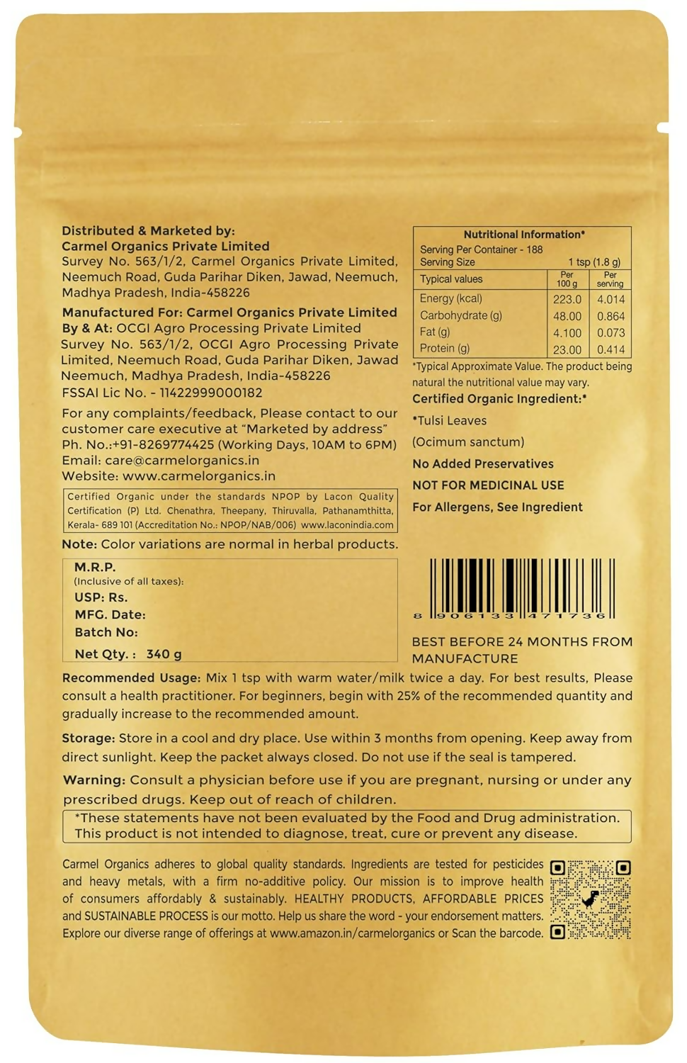 Carmel Organics Tulsi Leaves Powder | Swadesiicart