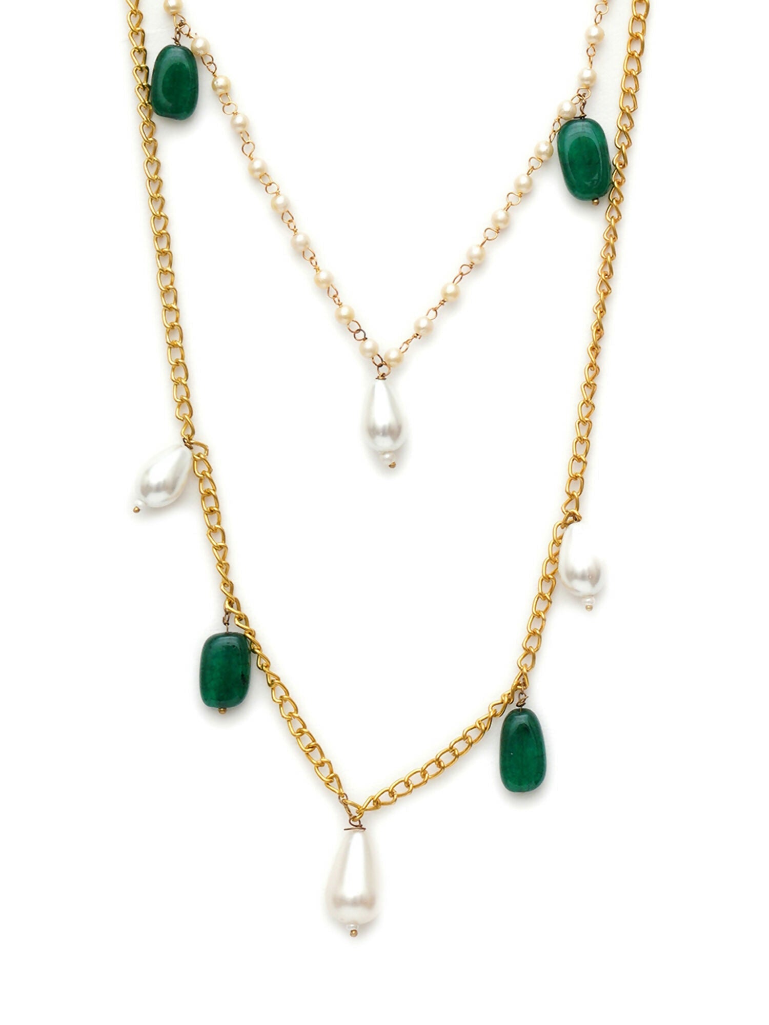 Layered Pearl and Gold Neckpiece with Emeralds (Gold) - Ruby Raang | Swadesiicart