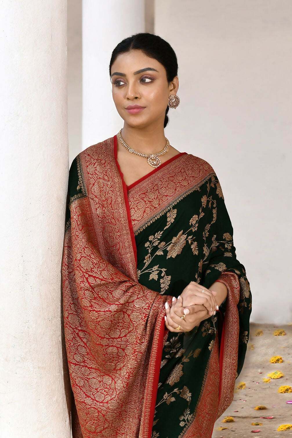 Joban Fashion Green Crepe Chiffon Pure Handloom Banarasi Silk Saree | Swadesiicart