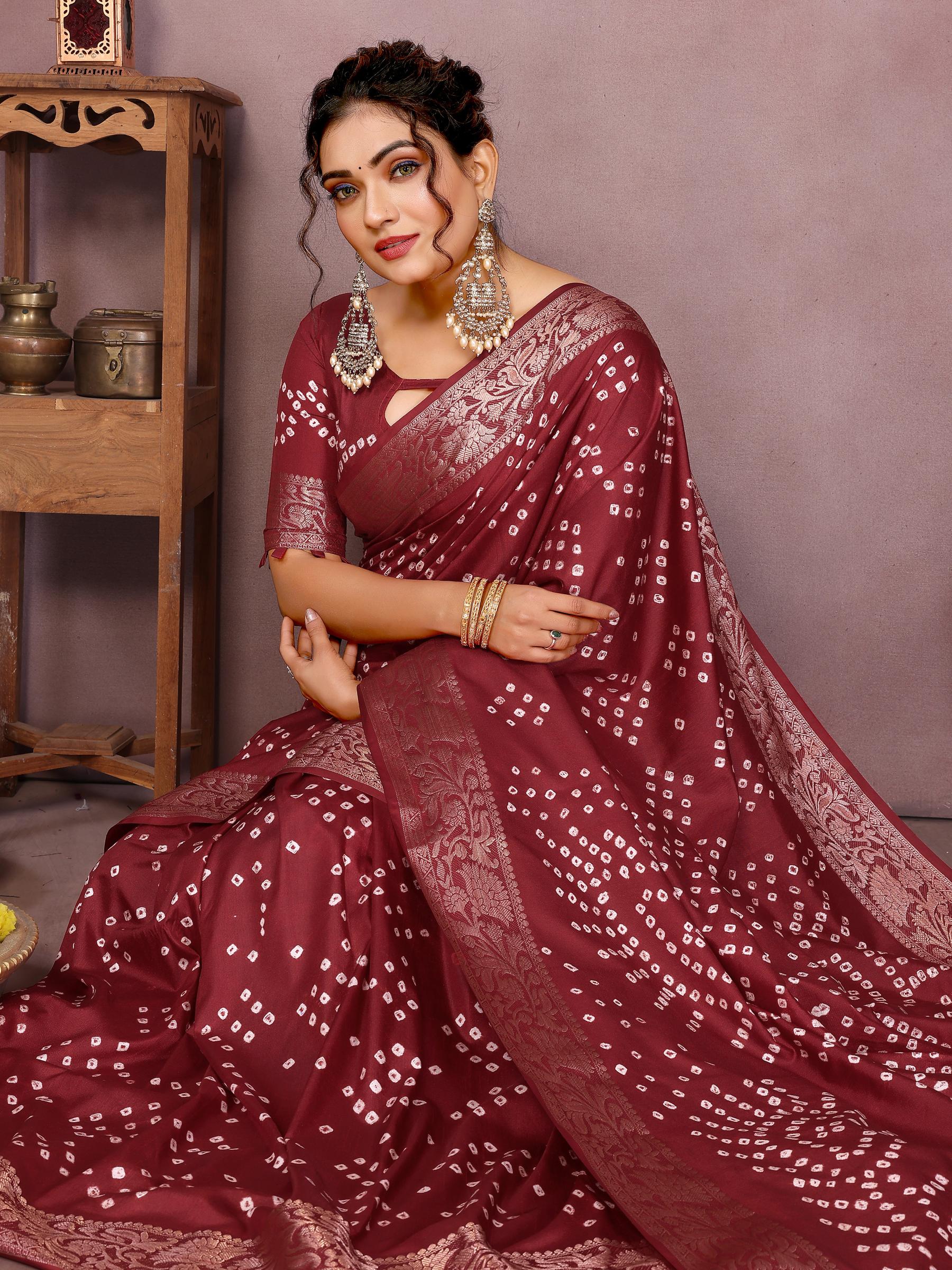 Anaita Maroon Pure Bandhej Silk Saree With Zari Weaving Work