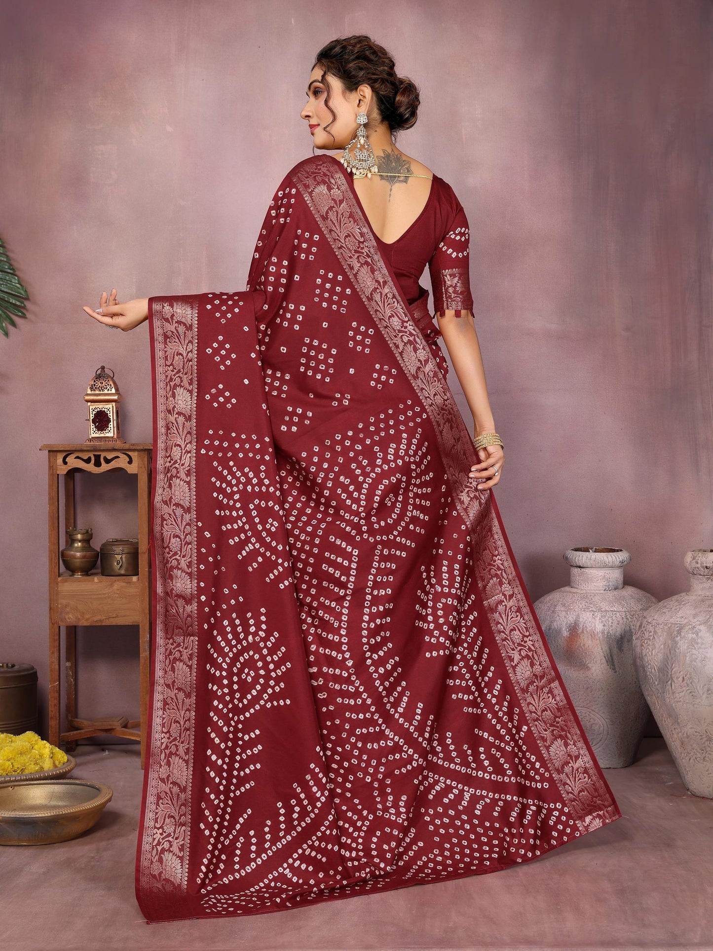 Anaita Maroon Pure Bandhej Silk Saree With Zari Weaving Work