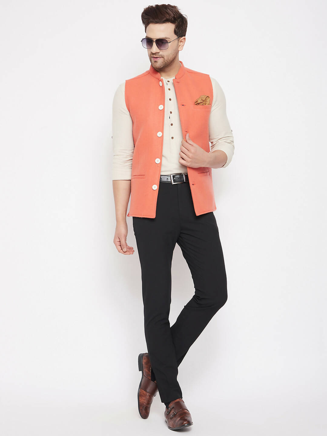 Even Apparels Orange Wool Men Woven Nehru Jacket | Swadesiicart