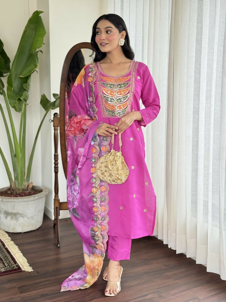 Light purple Viscose Chanderi Stitched Suit With Dupatta - Tanisha | Swadesiicart