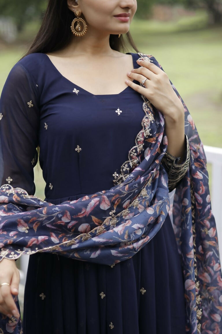 Jyoti Fashion Women's Navy Blue Faux Blooming Sequins with Zari Embroidery Anarkali Dress with Dupatta | Swadesiicart