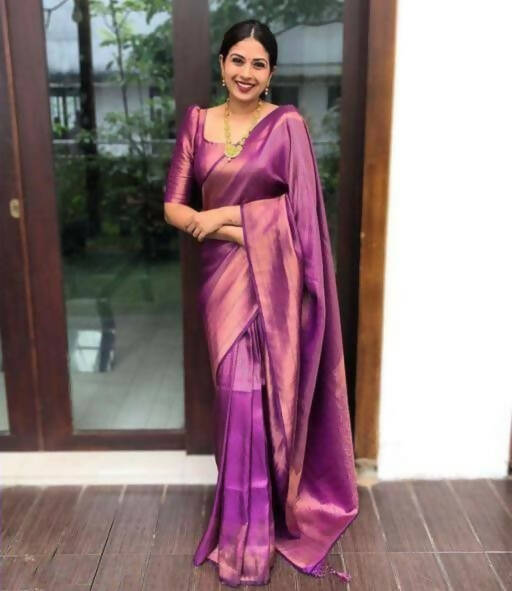 DEIANA'S Beautiful Designer Golden zari Soft Lichi Silk Saree - Majanta - Swadesiicart