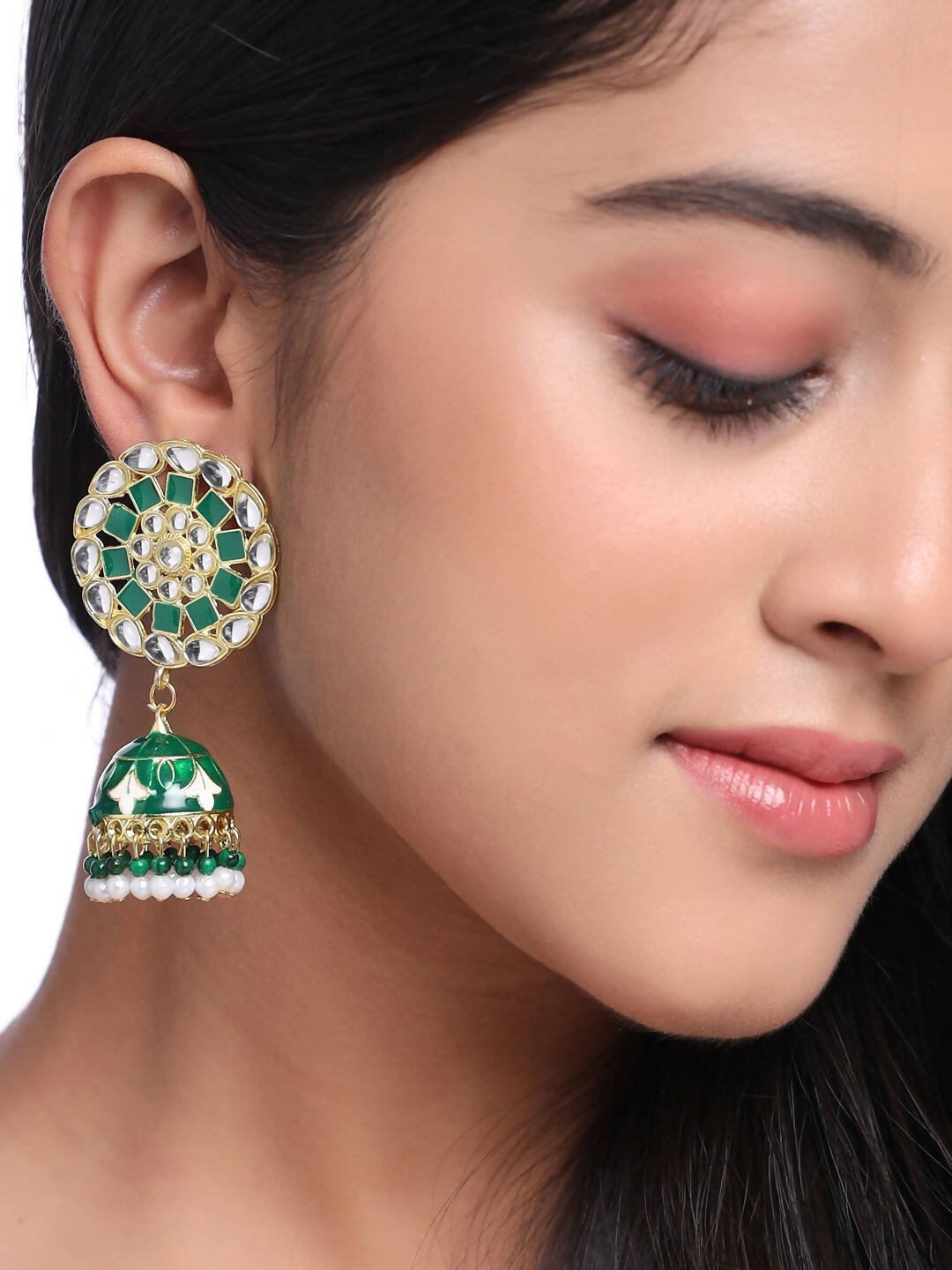 NVR Women Gold-Polished Green Dome Shaped Meenkari Jhumkas Earrings | Swadesiicart