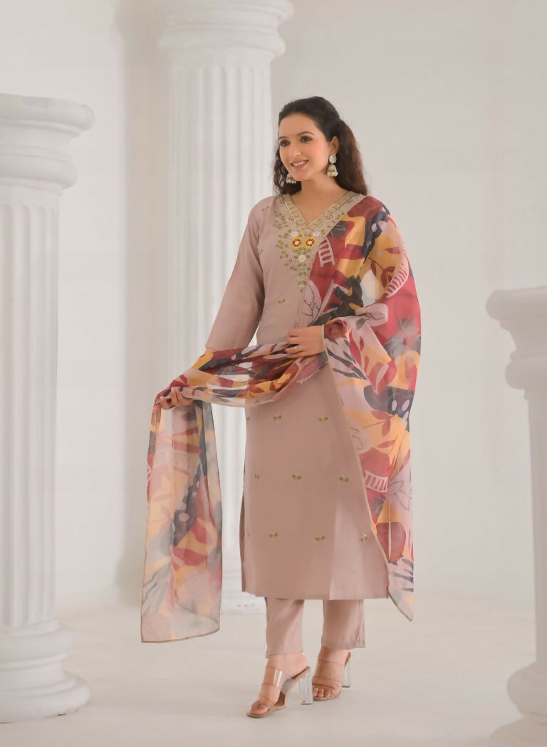 Ethnic Festive Wear Chanderi with Cotton Lining Beige Stitched Suit With Dupatta - Tanisha | Swadesiicart