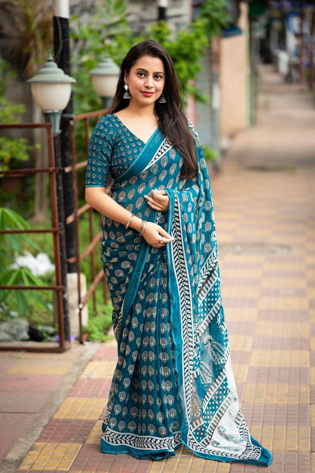 Rama Poly Georgette Ajrak Saree with Unstitched Blouse - Hiral Fashion | Swadesiicart