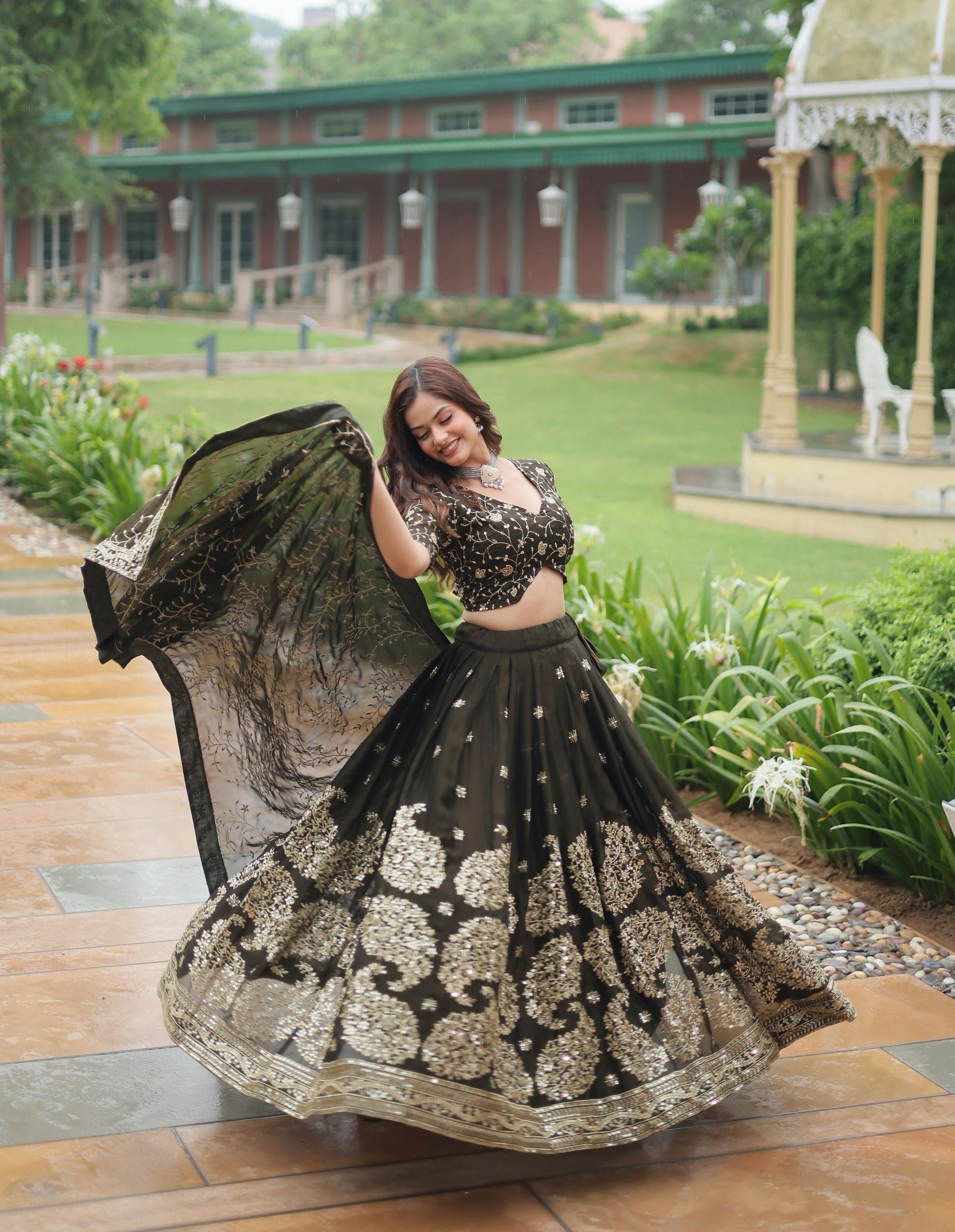 Lorenvalley Mahendi Rangoli Silk Heavy Sequins & Thread Embroidered work Lehenga Choli | Swadesiicart