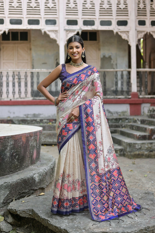 Vishnu Weaves Women's Blue Soft Tussar Silk Small Zari Woven Border Saree with Blouse - Swadesiicart