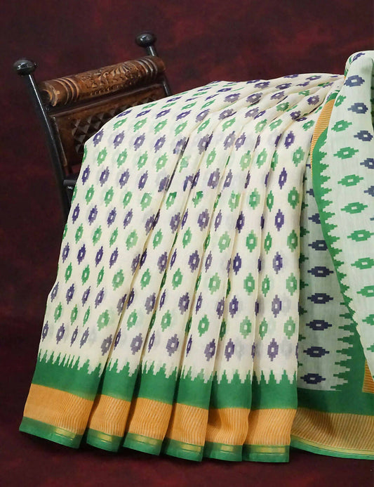 Combo of Off White and Mango Green Patan Patola Semi Chanderi Saree By Gayathri Reddy Designer Studio | Swadesiicart