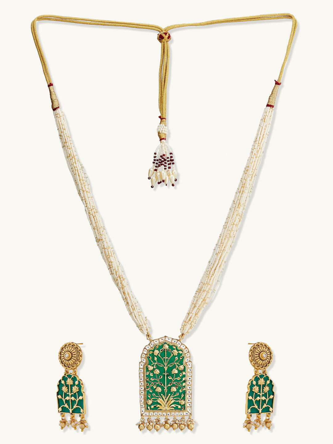 Nuyug 22K Gold-Plated Pearl Beaded Strings Green Enamel Pendant with Floral Motifs Necklace Set | Swadesiicart