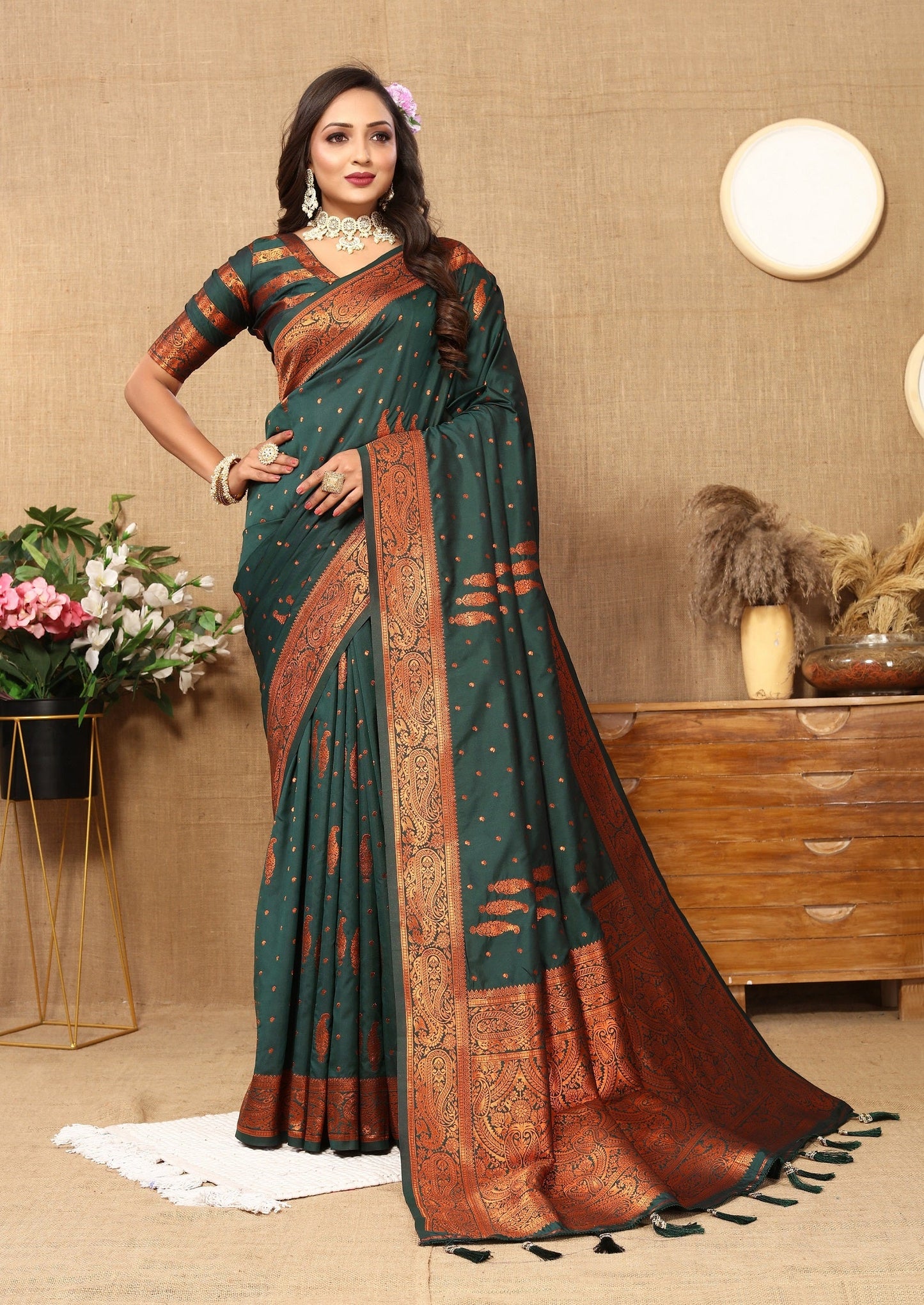 Vedant Vastram Bottle Green Color Banarasi Silk Saree - Bottle Green | Swadesiicart