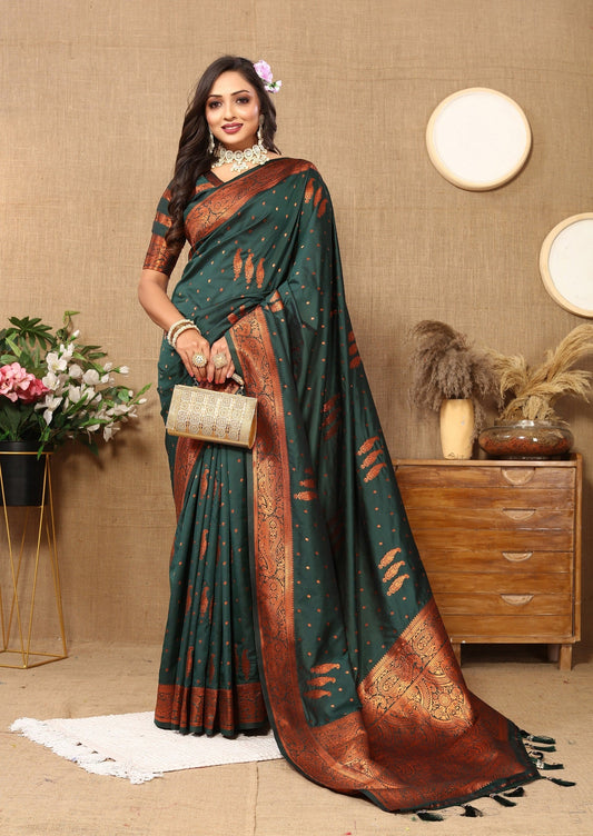 Vedant Vastram Bottle Green Color Banarasi Silk Saree - Bottle Green | Swadesiicart