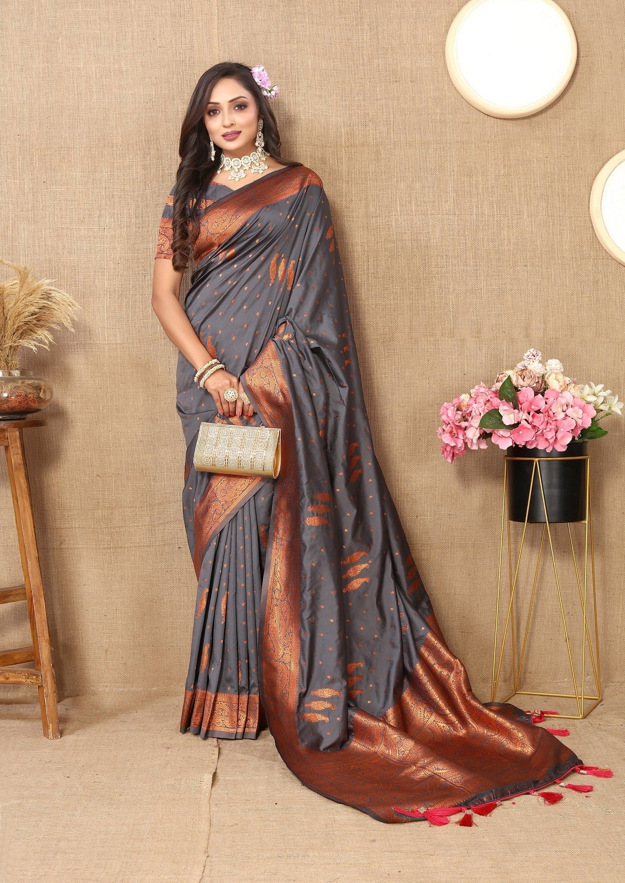 Vedant Vastram Grey Color Banarasi Silk Saree - Grey | Swadesiicart