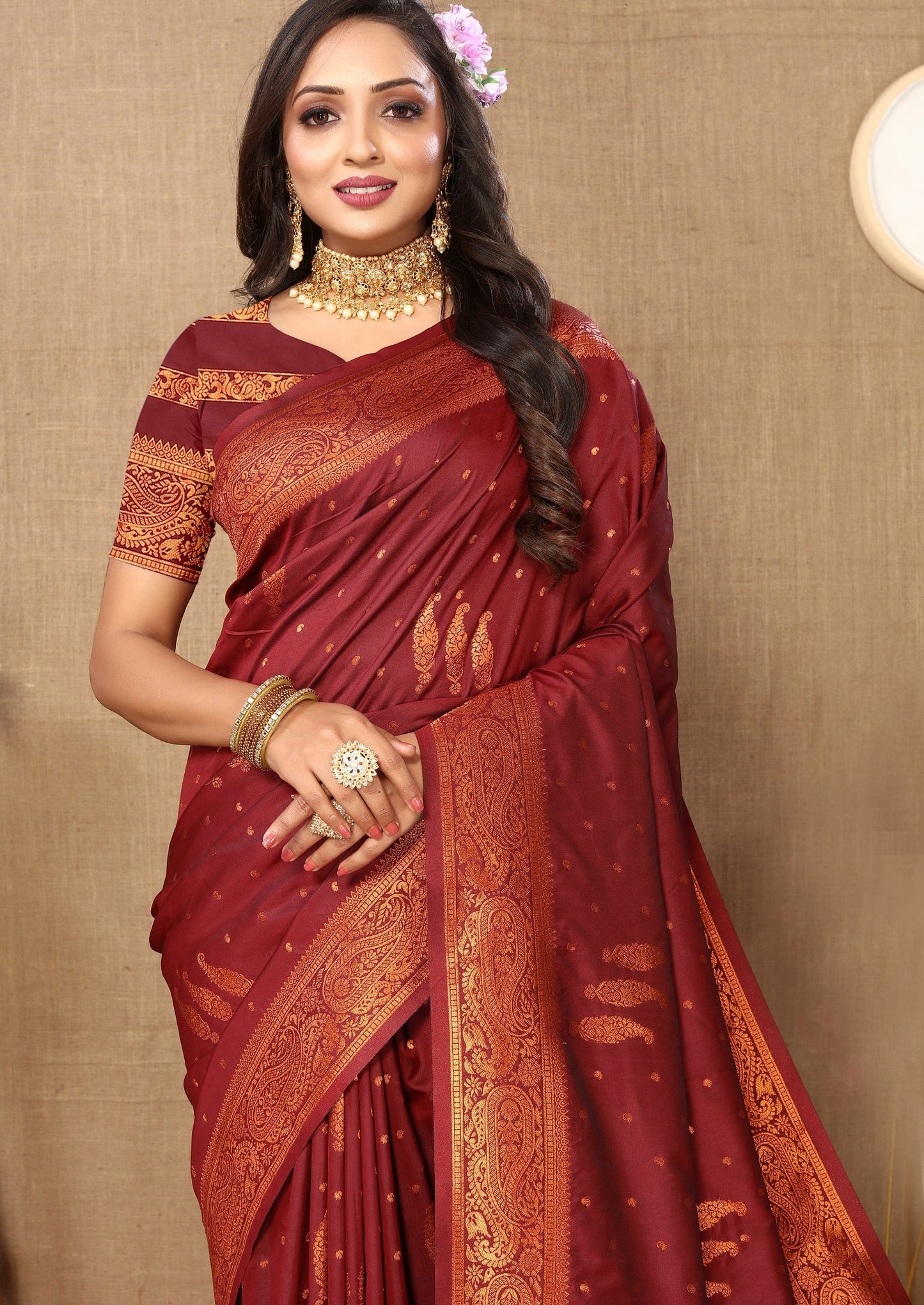 Vedant Vastram Maroon Color Banarasi Silk Saree - Maroon | Swadesiicart