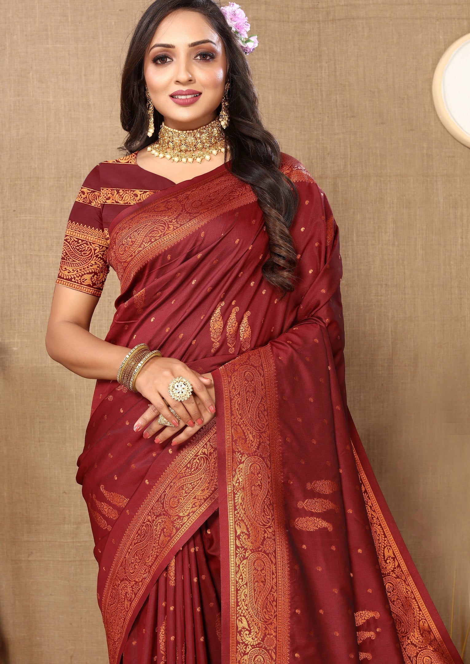 Vedant Vastram Maroon Color Banarasi Silk Saree - Maroon | Swadesiicart