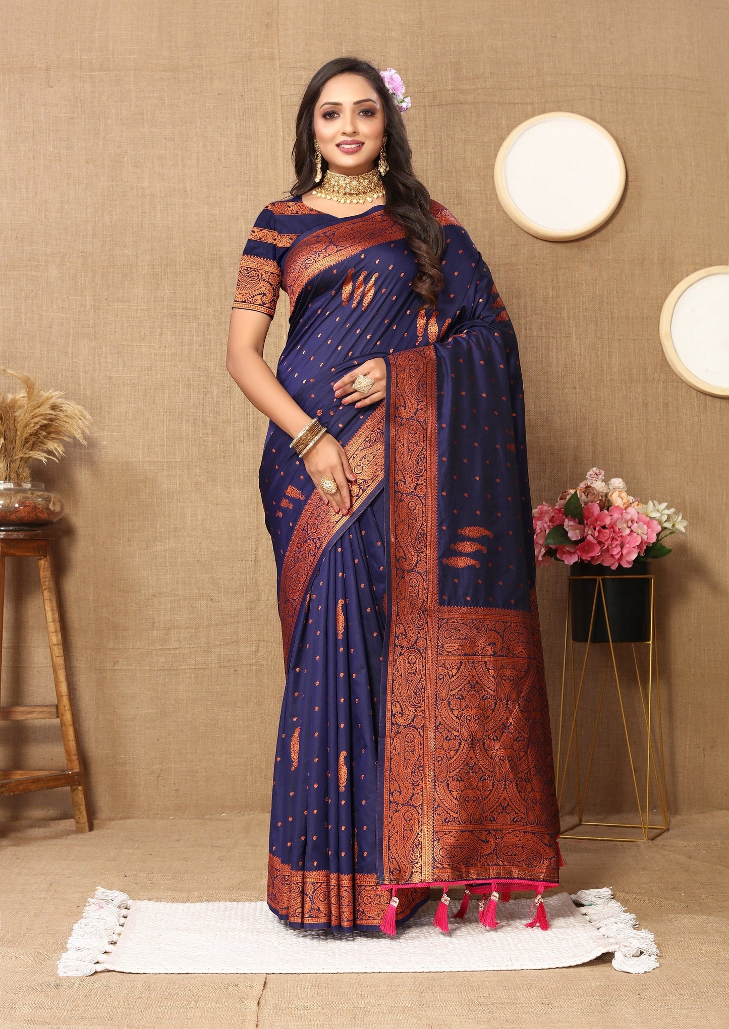 Vedant Vastram Navy Blue Color Banarasi Silk Saree - Navy Blue | Swadesiicart