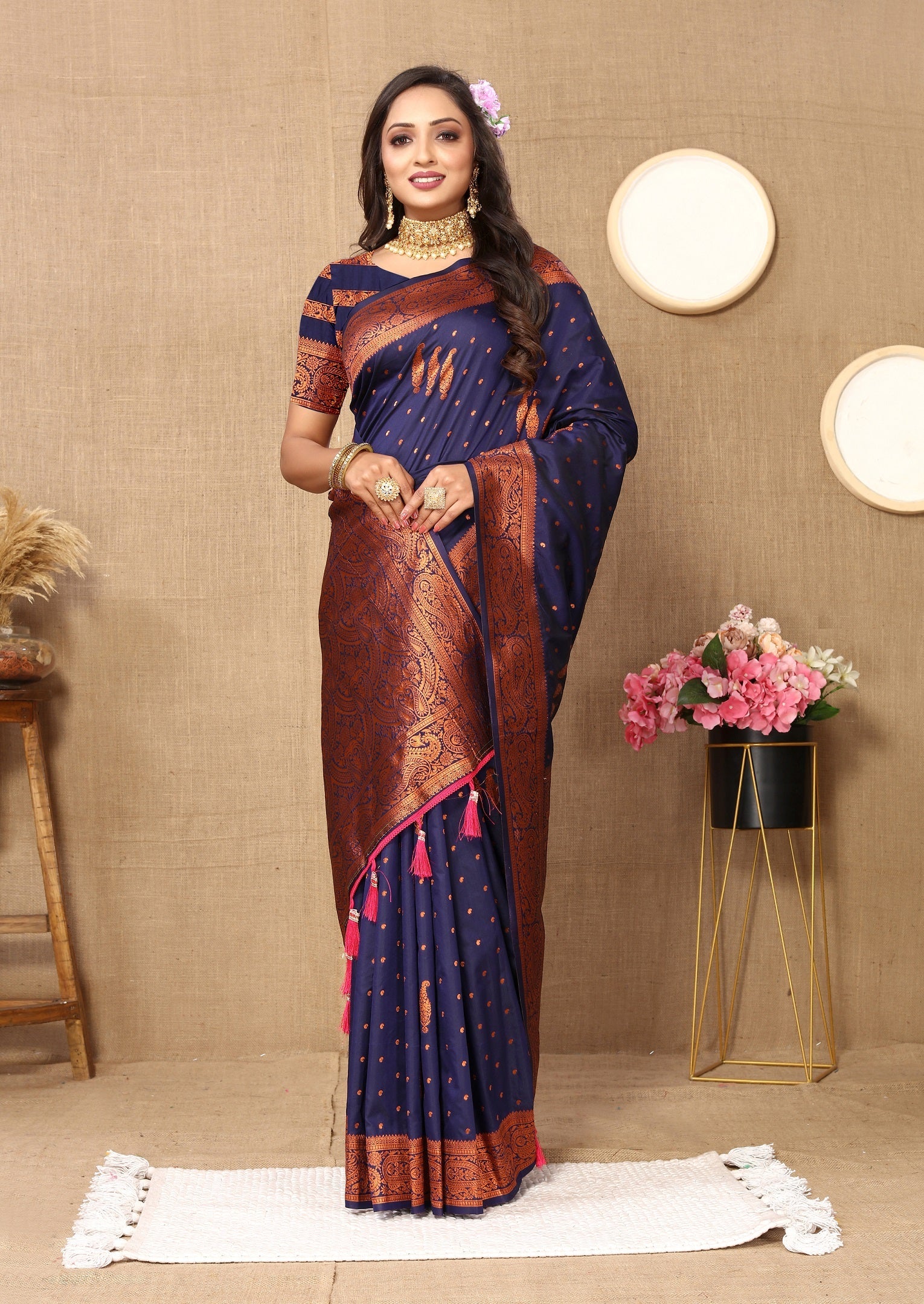 Vedant Vastram Navy Blue Color Banarasi Silk Saree - Navy Blue | Swadesiicart