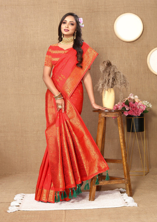 Vedant Vastram Red Color Banarasi Silk Saree - Red | Swadesiicart