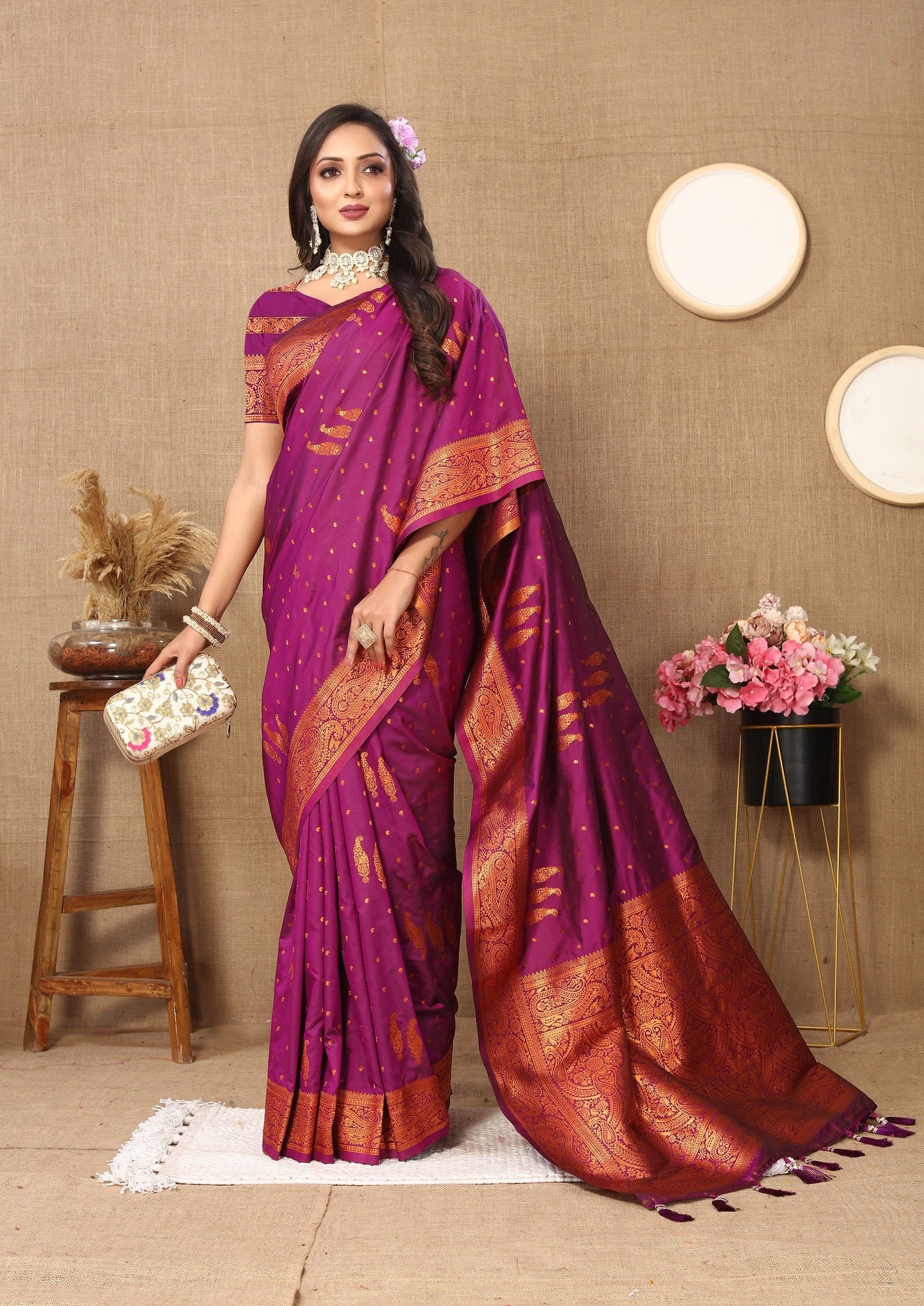 Vedant Vastram Wine Color Banarasi Silk Saree - Wine | Swadesiicart