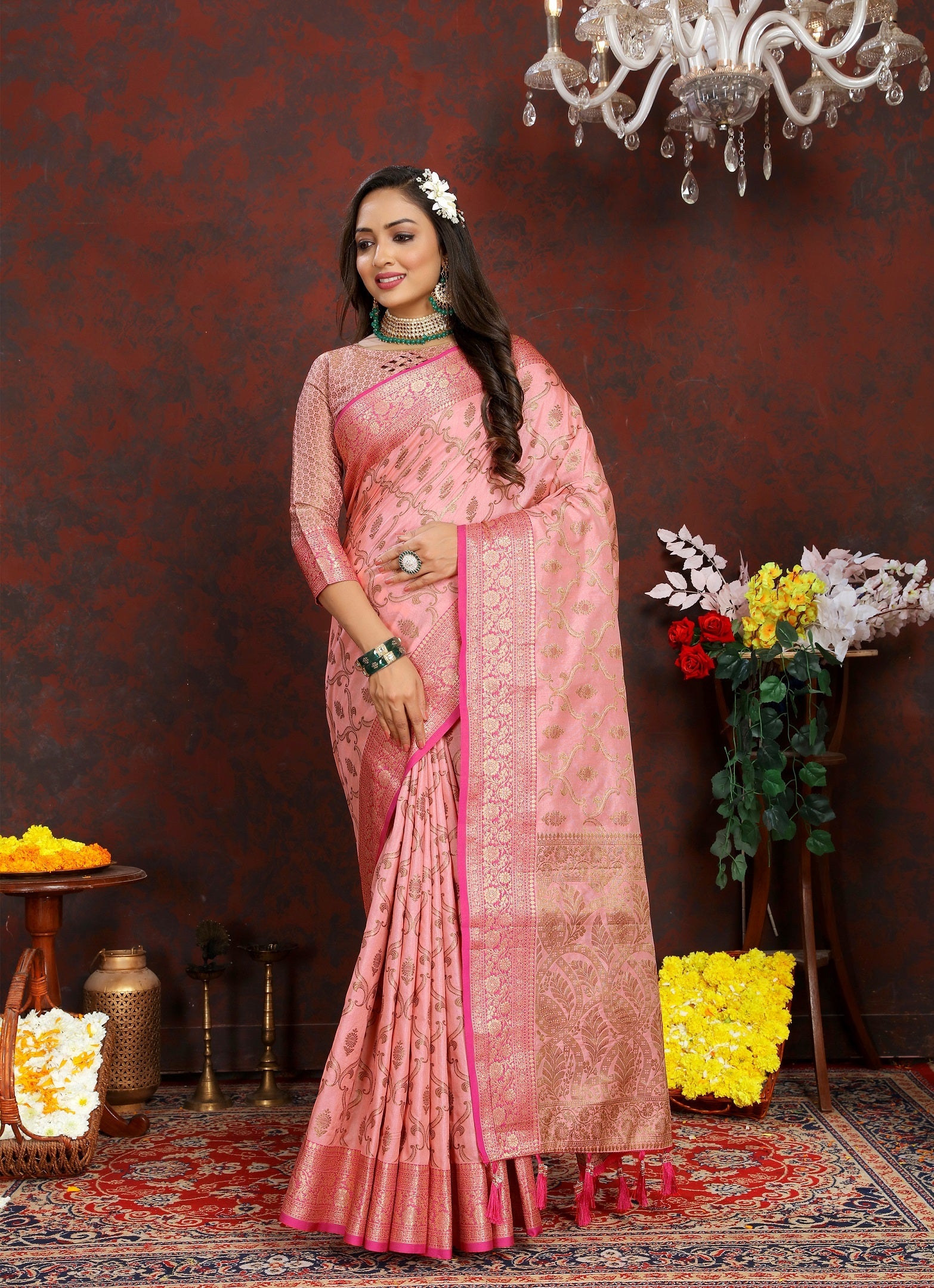 Vedant Vastram Baby Pink Color Banarasi Silk Saree - Baby Pink | Swadesiicart