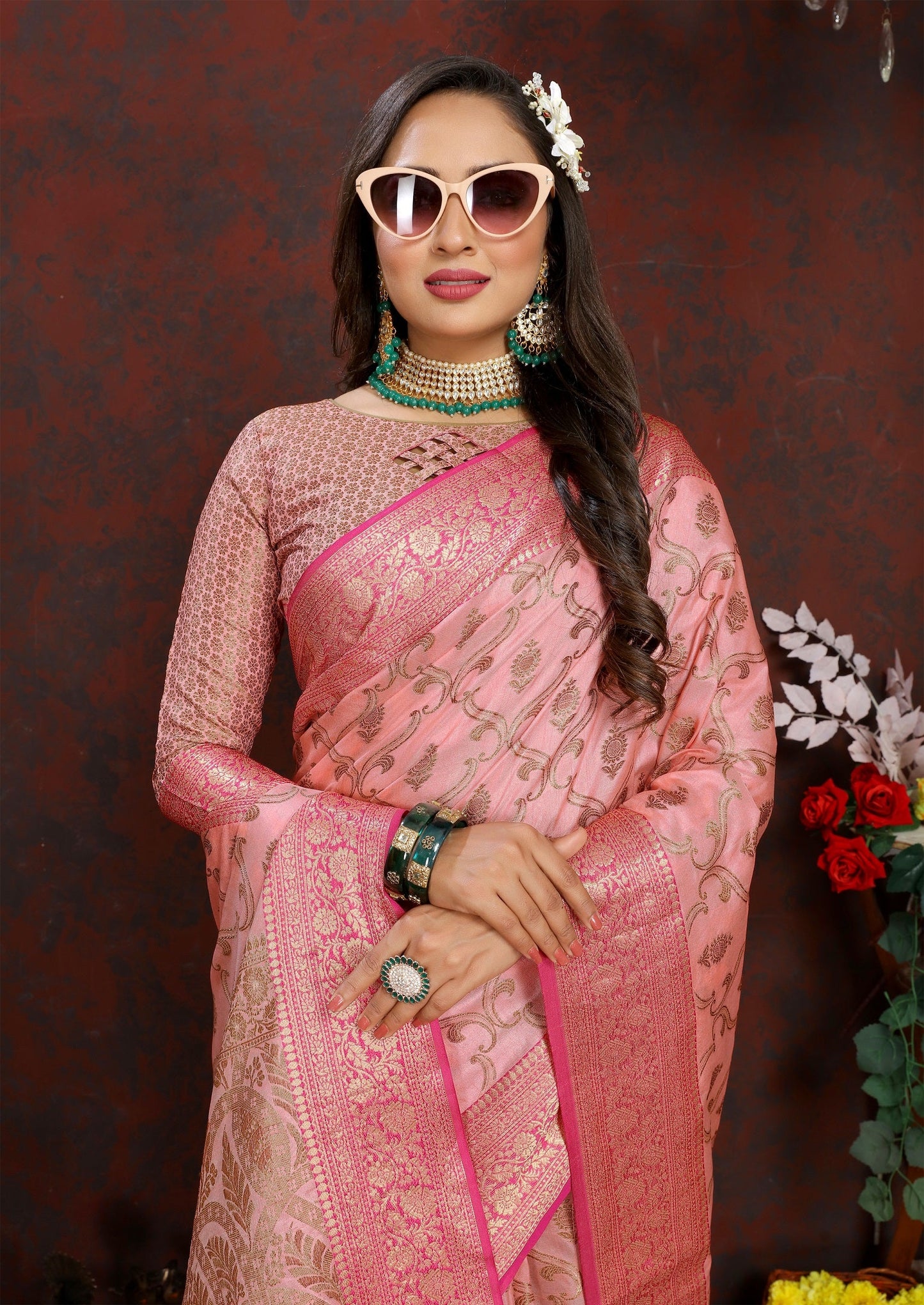 Vedant Vastram Baby Pink Color Banarasi Silk Saree - Baby Pink | Swadesiicart