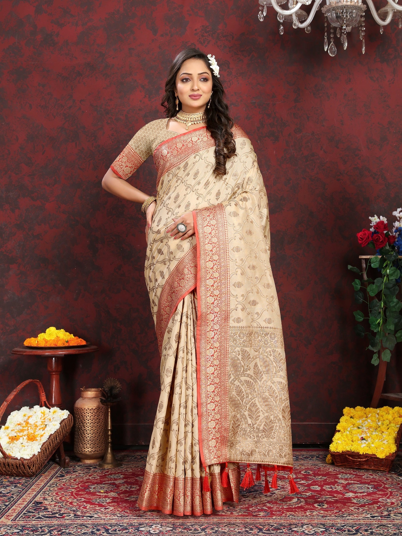 Vedant Vastram Beige Color Banarasi Silk Saree - Beige | Swadesiicart