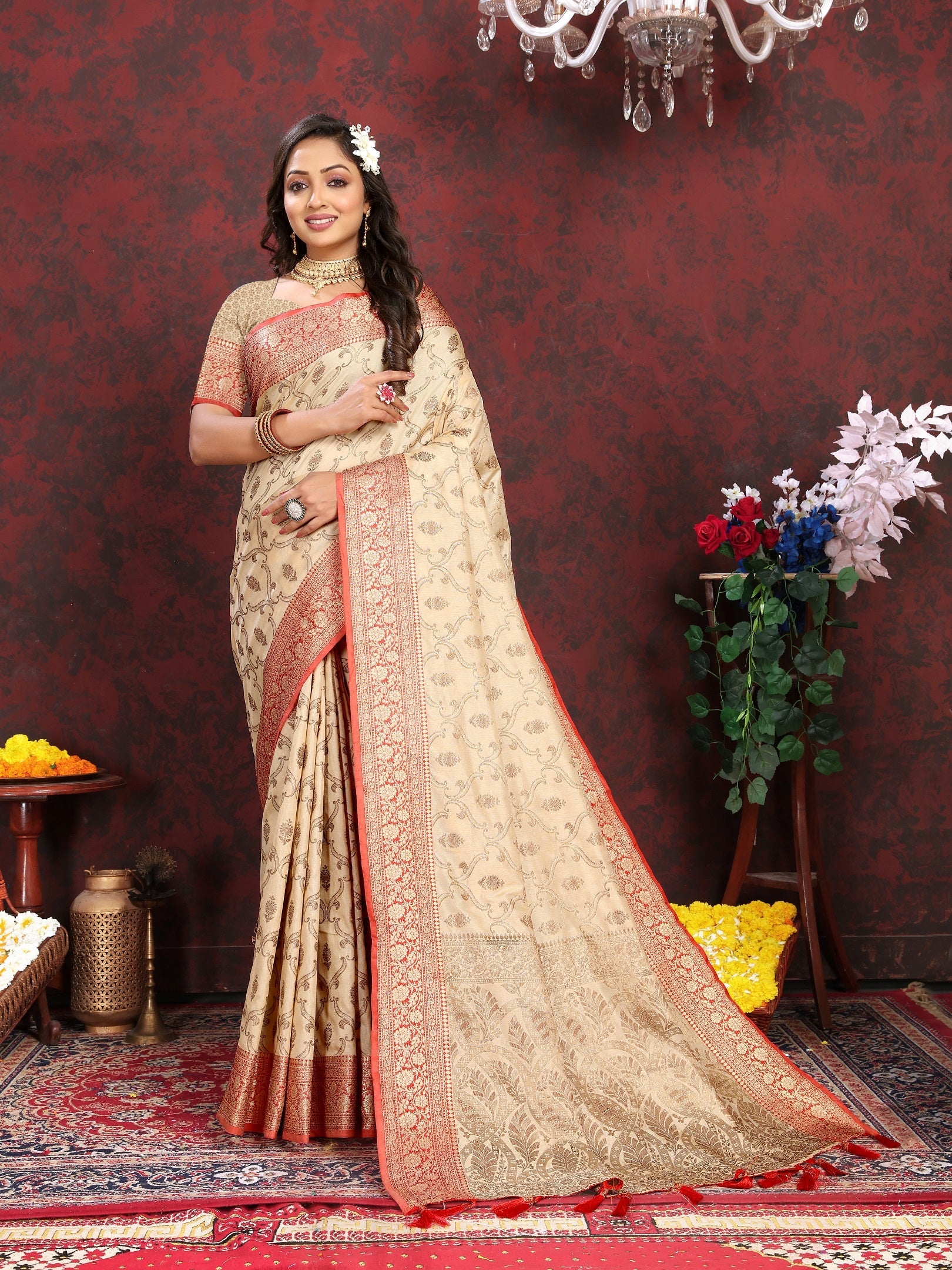 Vedant Vastram Beige Color Banarasi Silk Saree - Beige | Swadesiicart