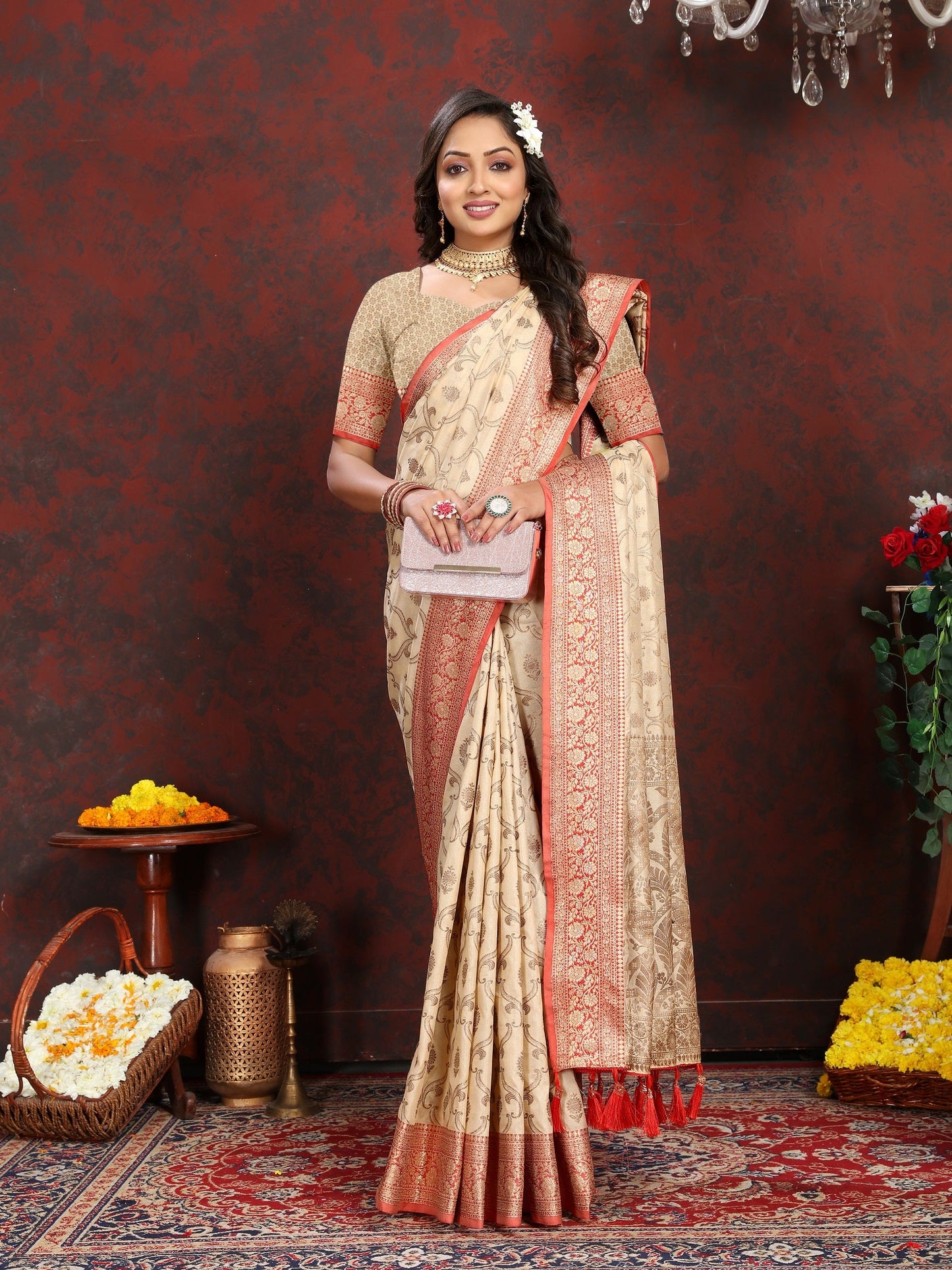 Vedant Vastram Beige Color Banarasi Silk Saree - Beige | Swadesiicart