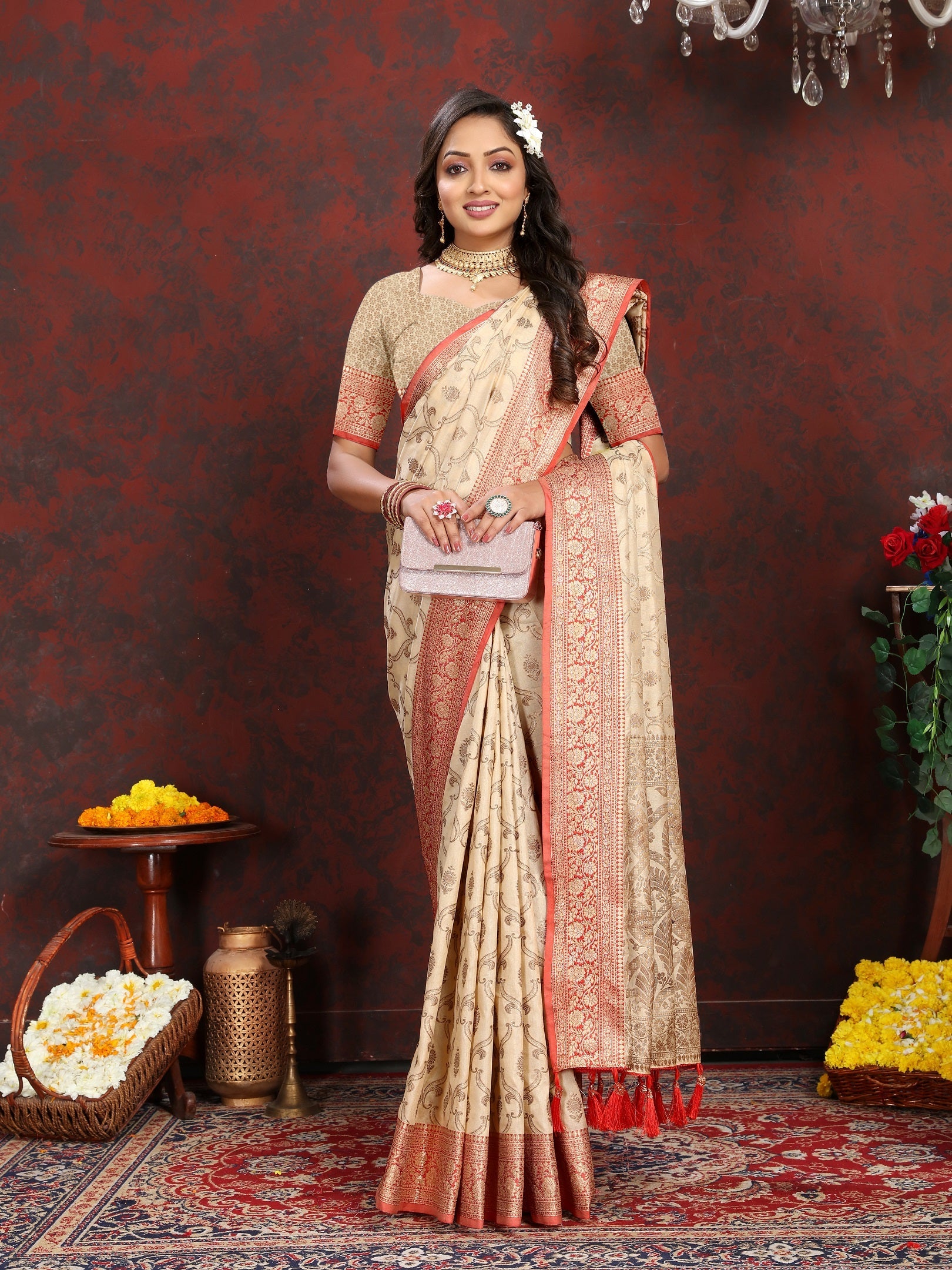 Vedant Vastram Beige Color Banarasi Silk Saree - Beige | Swadesiicart