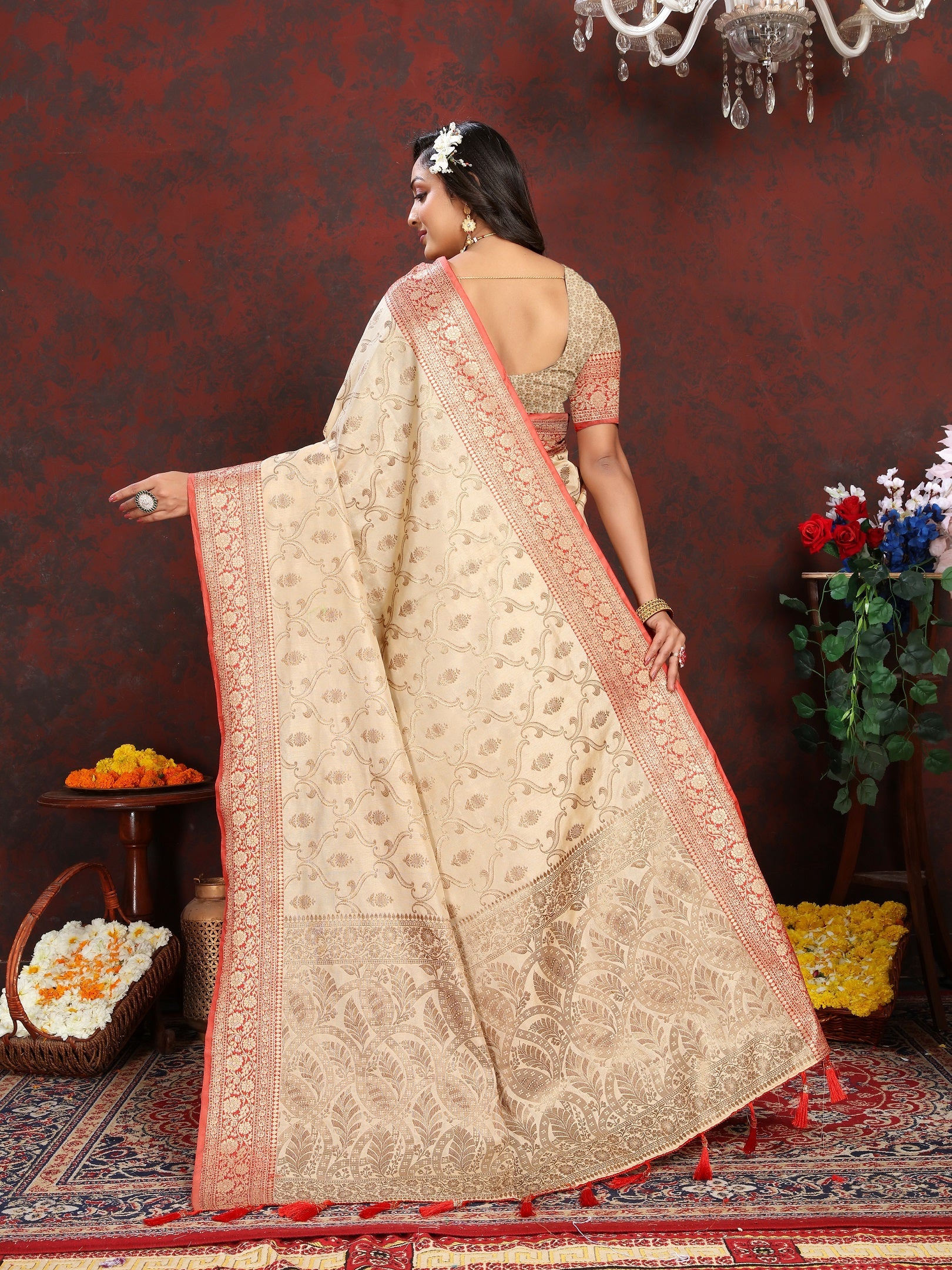 Vedant Vastram Beige Color Banarasi Silk Saree - Beige | Swadesiicart