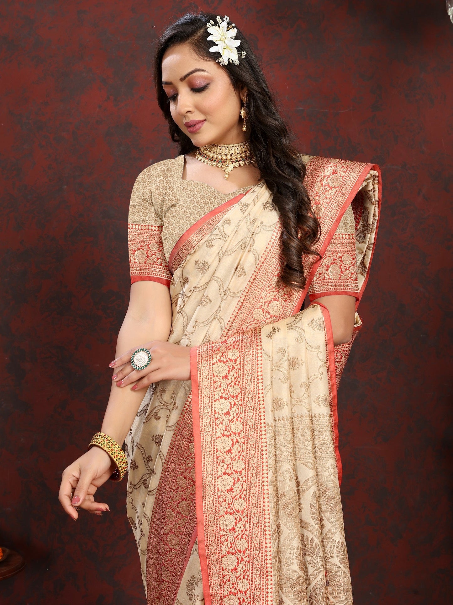 Vedant Vastram Beige Color Banarasi Silk Saree - Beige | Swadesiicart