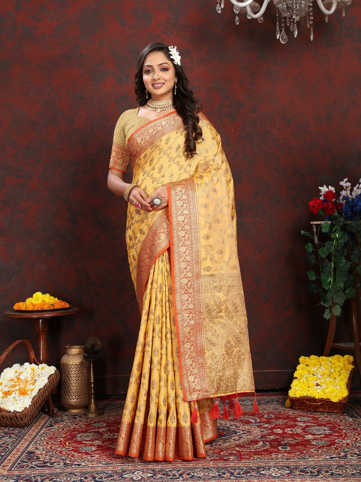 Vedant Vastram Mustard Color Banarasi Silk Saree - Mustard | Swadesiicart