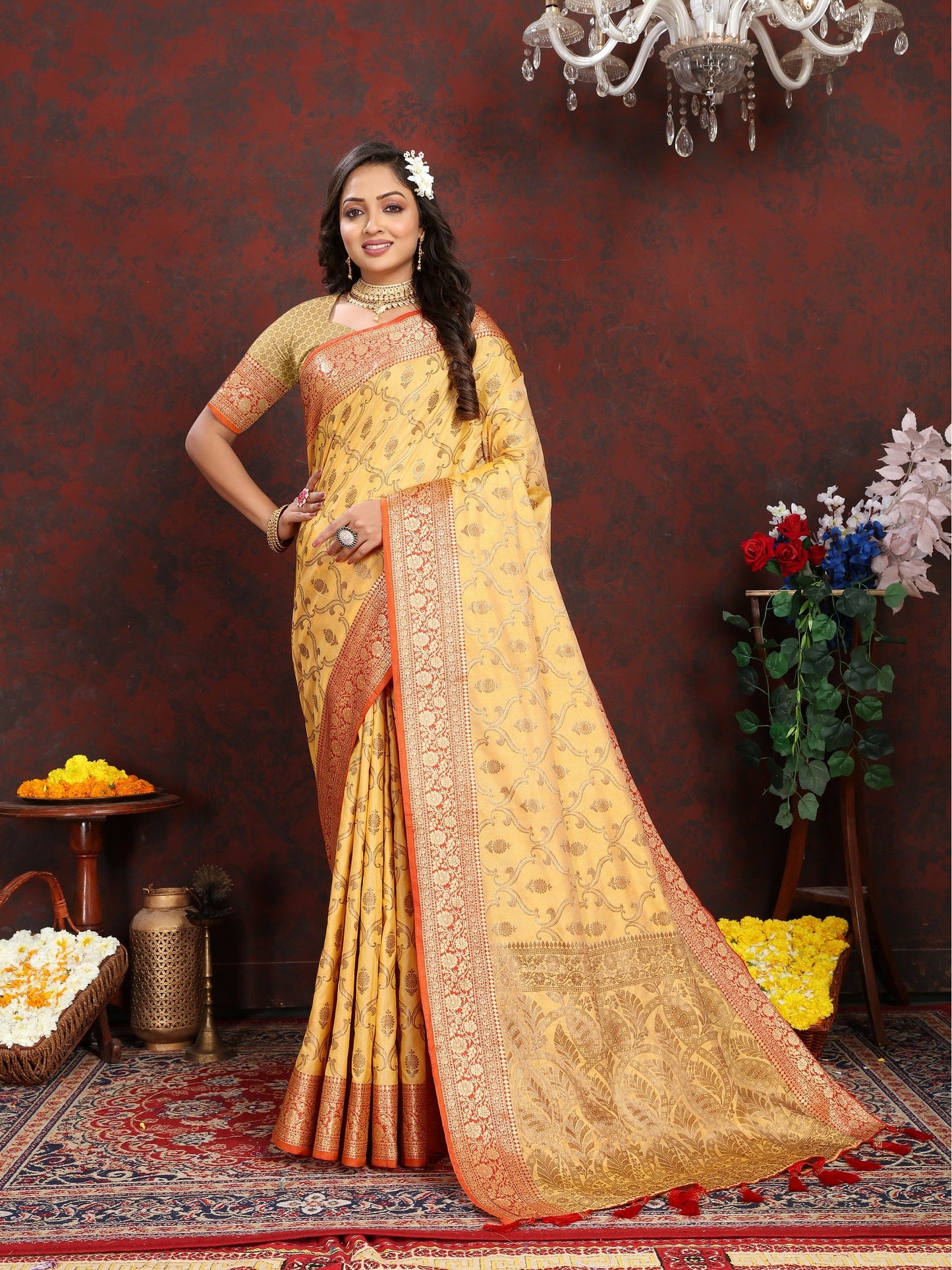 Vedant Vastram Mustard Color Banarasi Silk Saree - Mustard | Swadesiicart