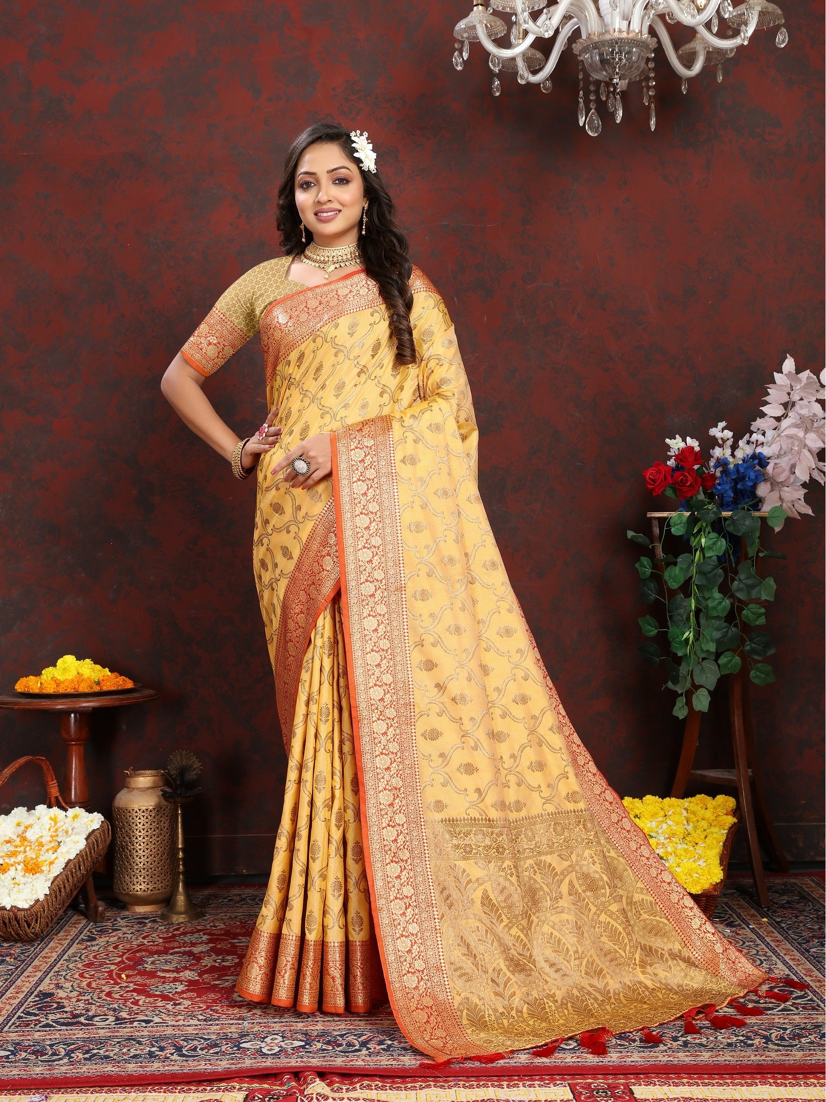 Vedant Vastram Mustard Color Banarasi Silk Saree - Mustard | Swadesiicart