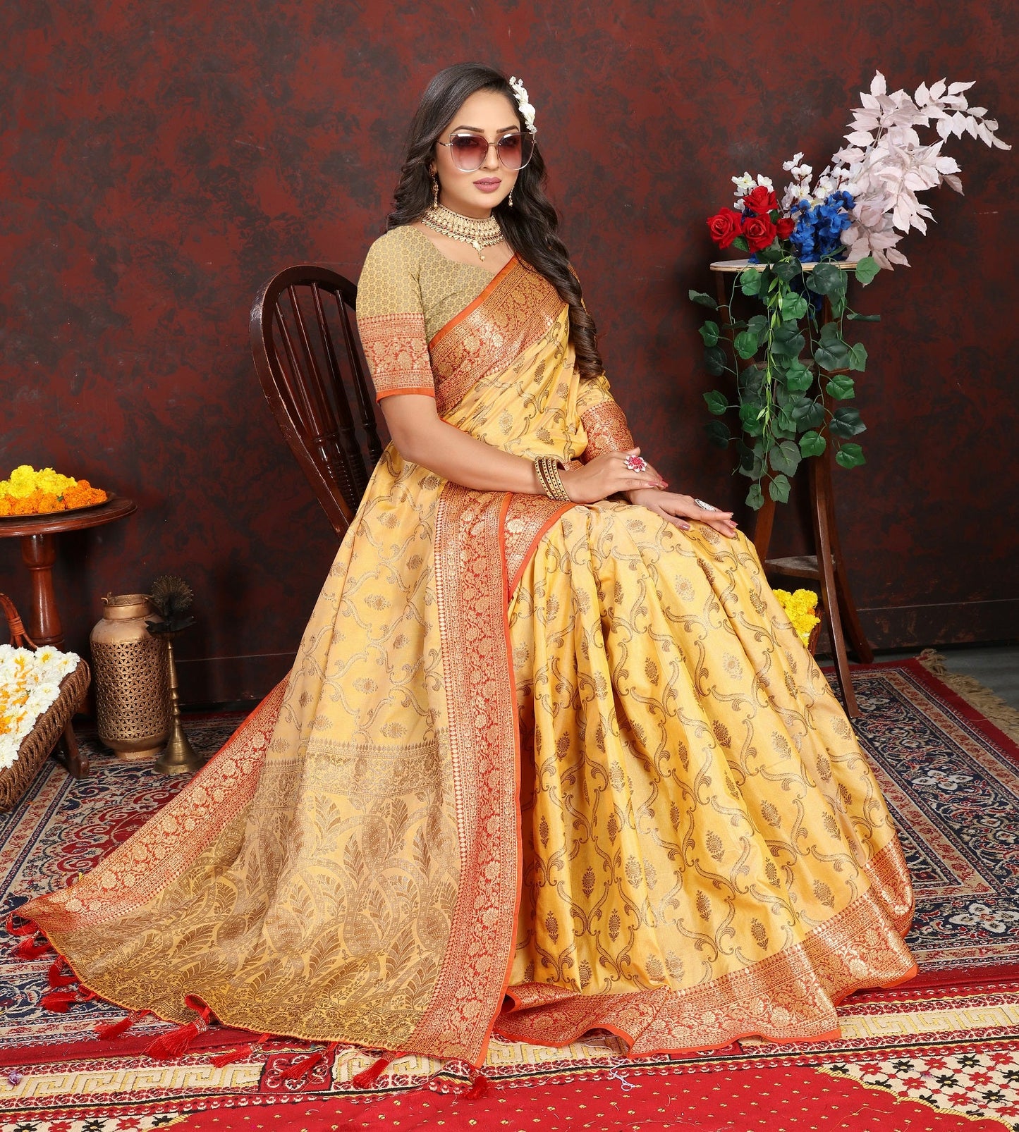 Vedant Vastram Mustard Color Banarasi Silk Saree - Mustard | Swadesiicart