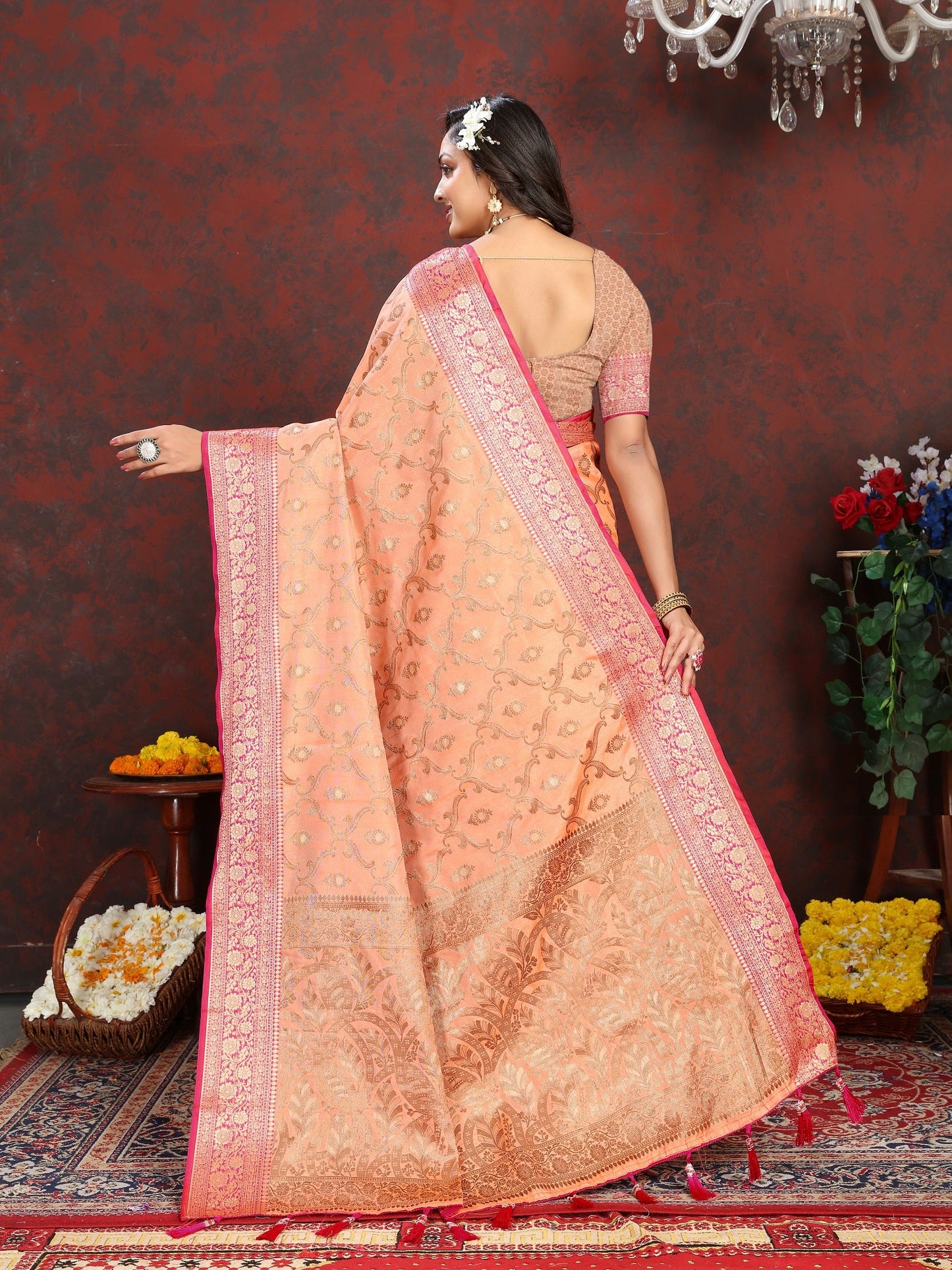 Vedant Vastram Peach Color Banarasi Silk Saree - Peach | Swadesiicart