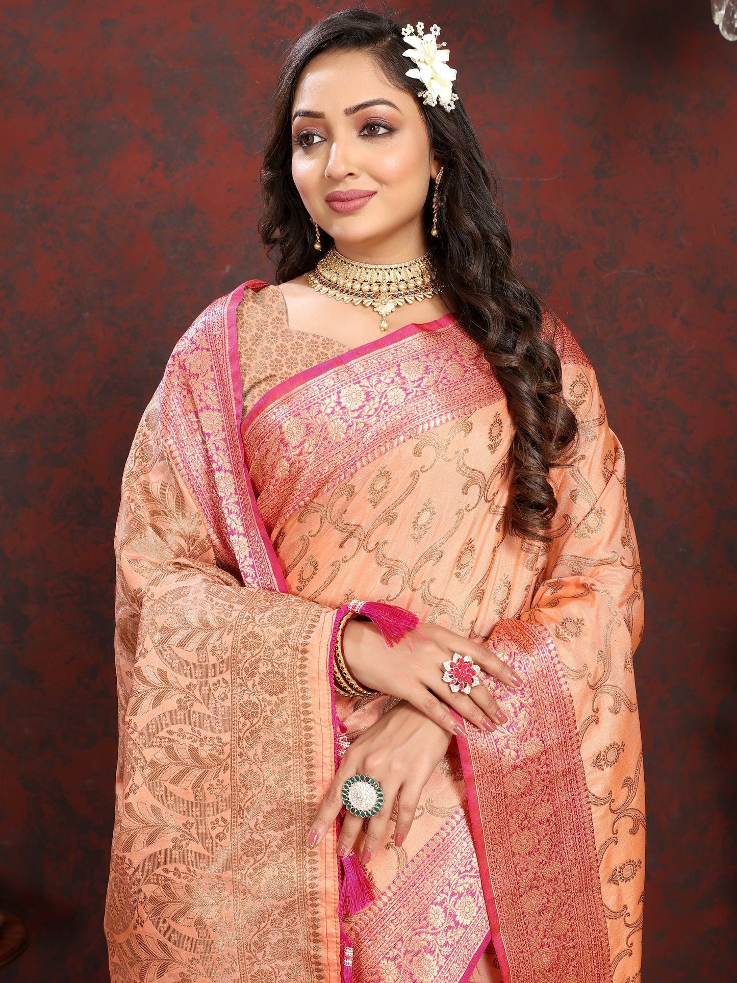 Vedant Vastram Peach Color Banarasi Silk Saree - Peach | Swadesiicart