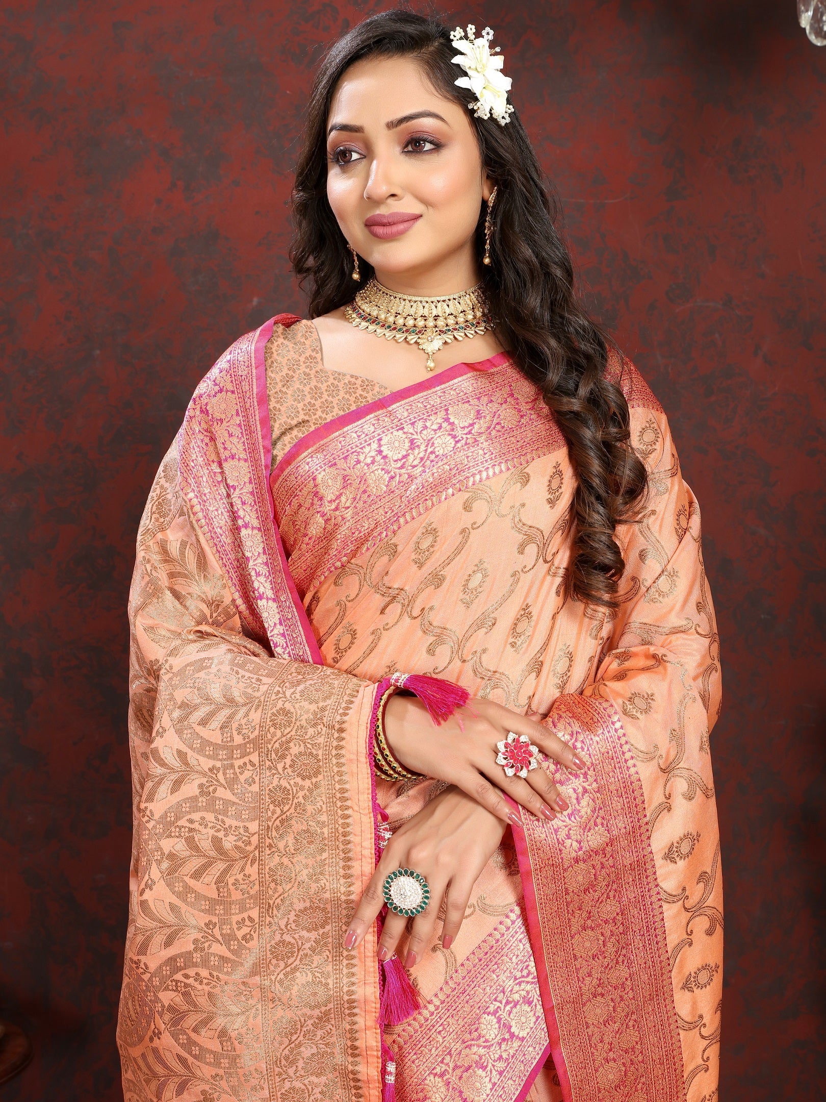 Vedant Vastram Peach Color Banarasi Silk Saree - Peach | Swadesiicart