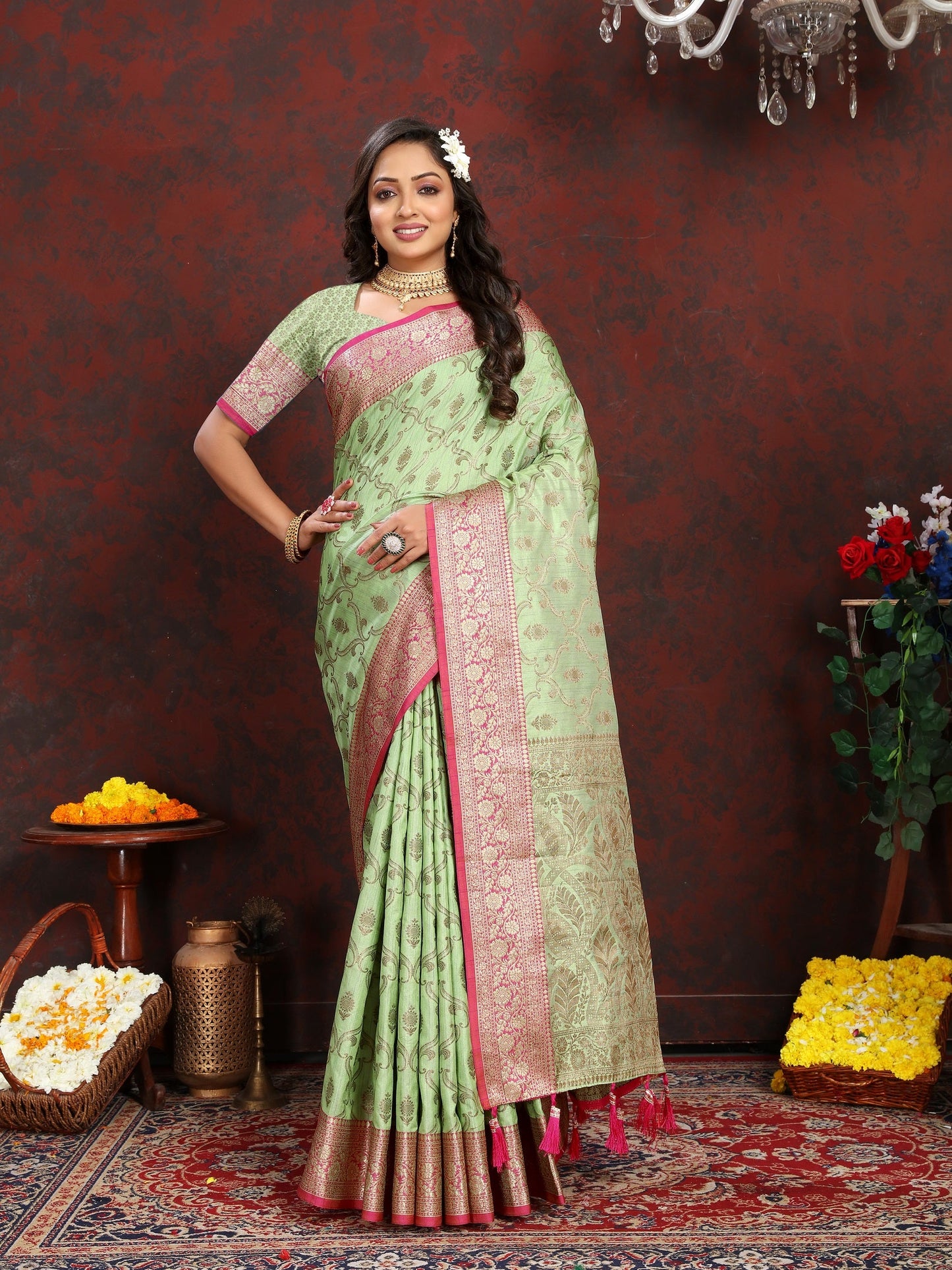 Vedant Vastram Pista Color Banarasi Silk Saree - Pista | Swadesiicart