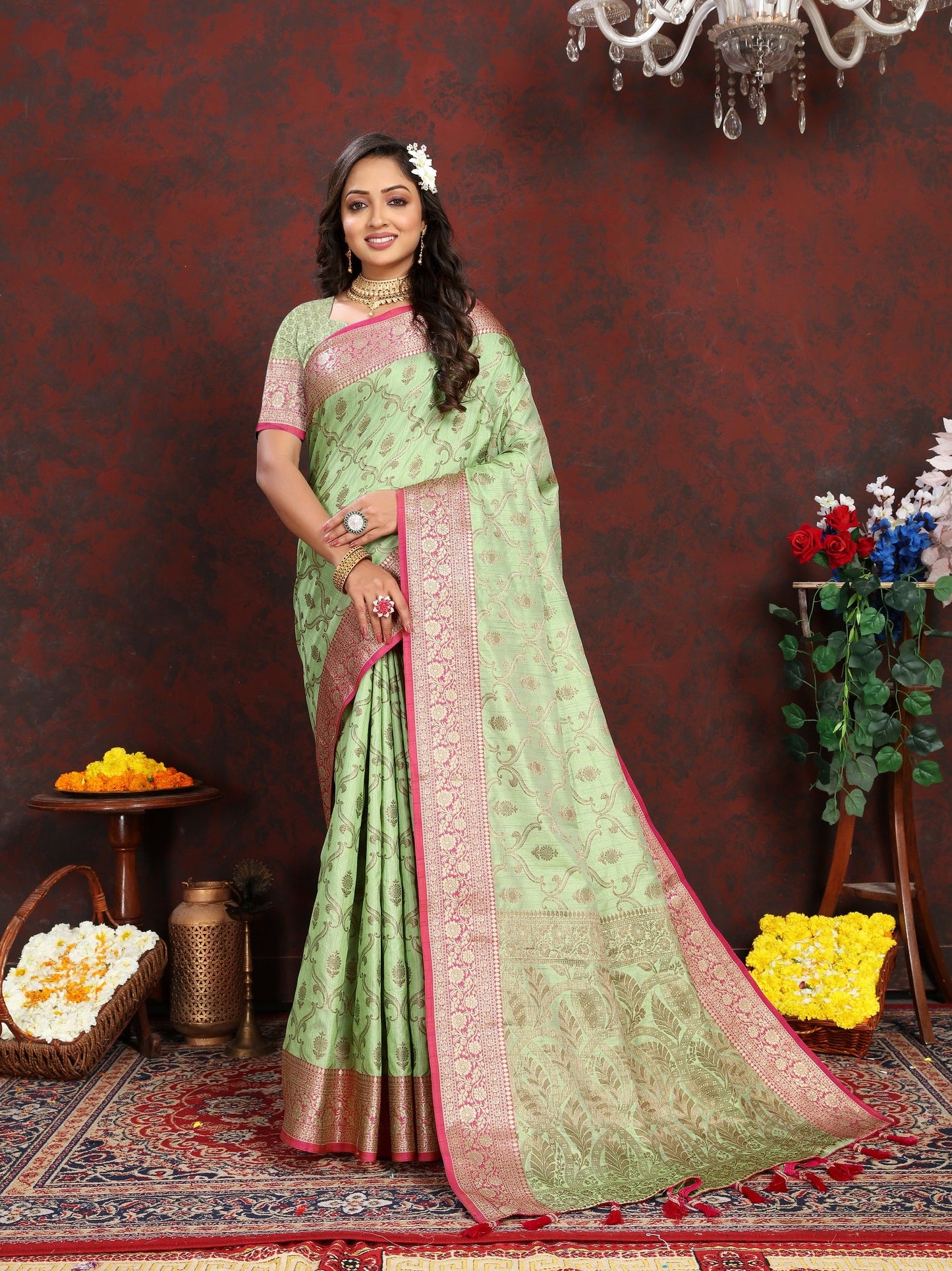 Vedant Vastram Pista Color Banarasi Silk Saree - Pista | Swadesiicart