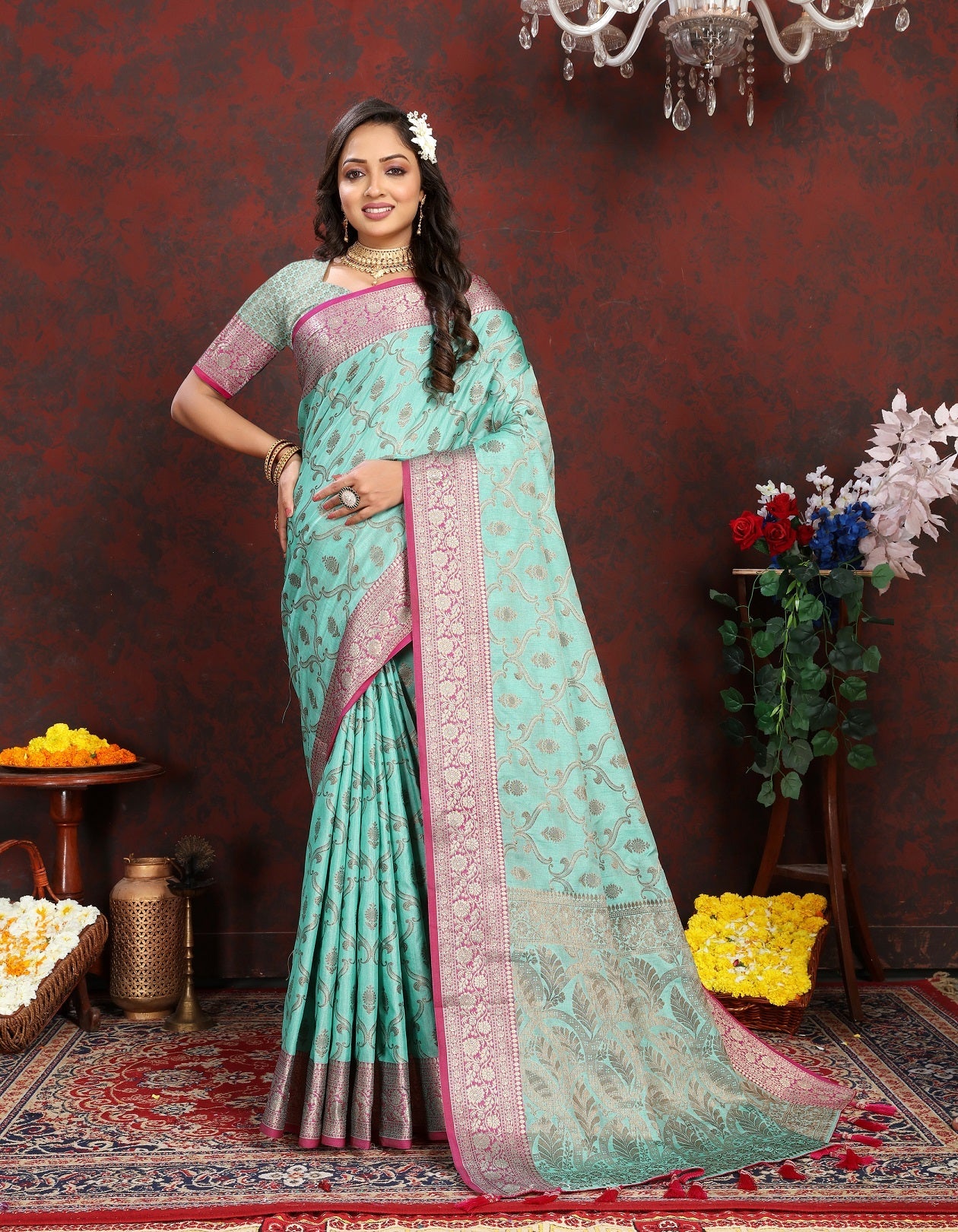 Vedant Vastram Turquoise Color Banarasi Silk Saree - Turquoise | Swadesiicart
